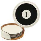 White round leatherette coasters set and holder laser etched with 'Pool Balls' design