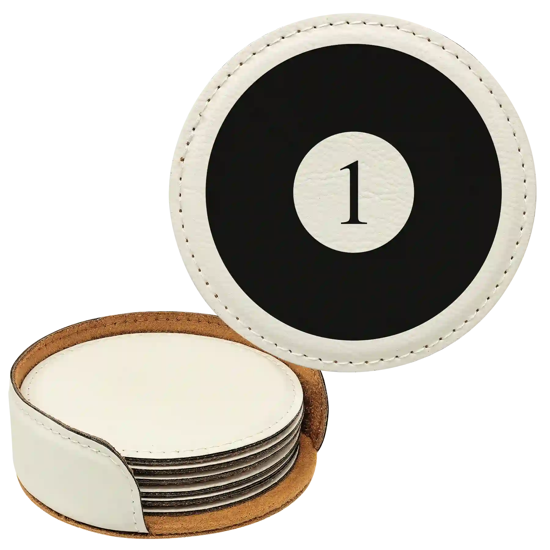White round leatherette coasters set and holder laser etched with 'Pool Balls' design