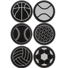 Black/Silver round leatherette coasters set of 6 laser etched with 'Sports Ball' designs