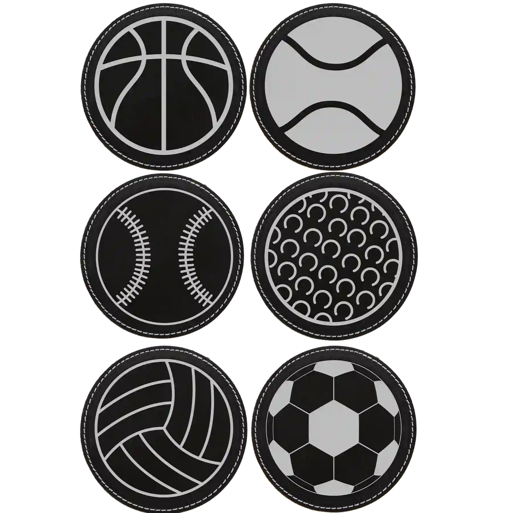 Black/Silver round leatherette coasters set of 6 laser etched with 'Sports Ball' designs