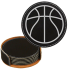 Black/Silver round leatherette coasters set and holder laser etched with 'Sports Ball' design