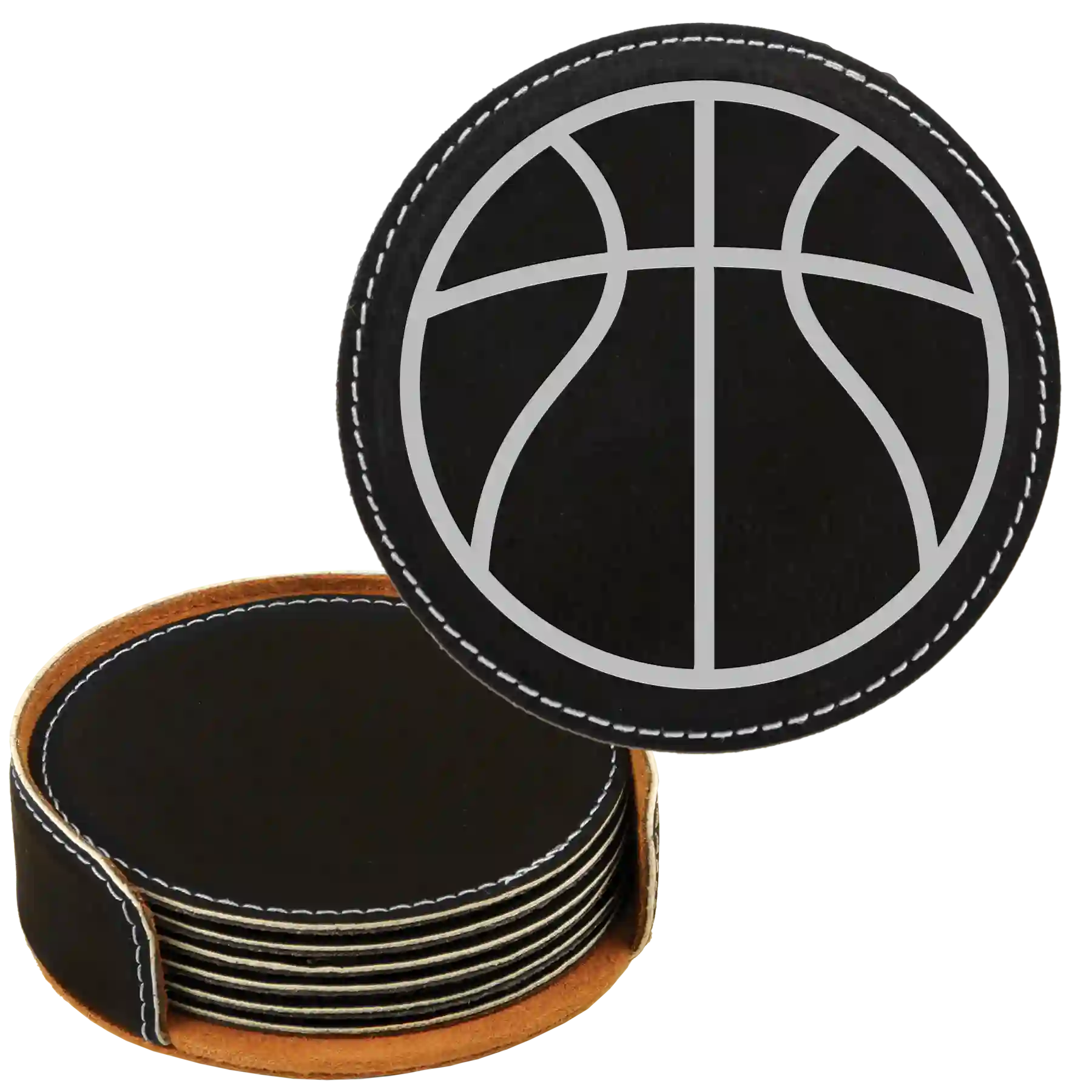 Black/Silver round leatherette coasters set and holder laser etched with 'Sports Ball' design