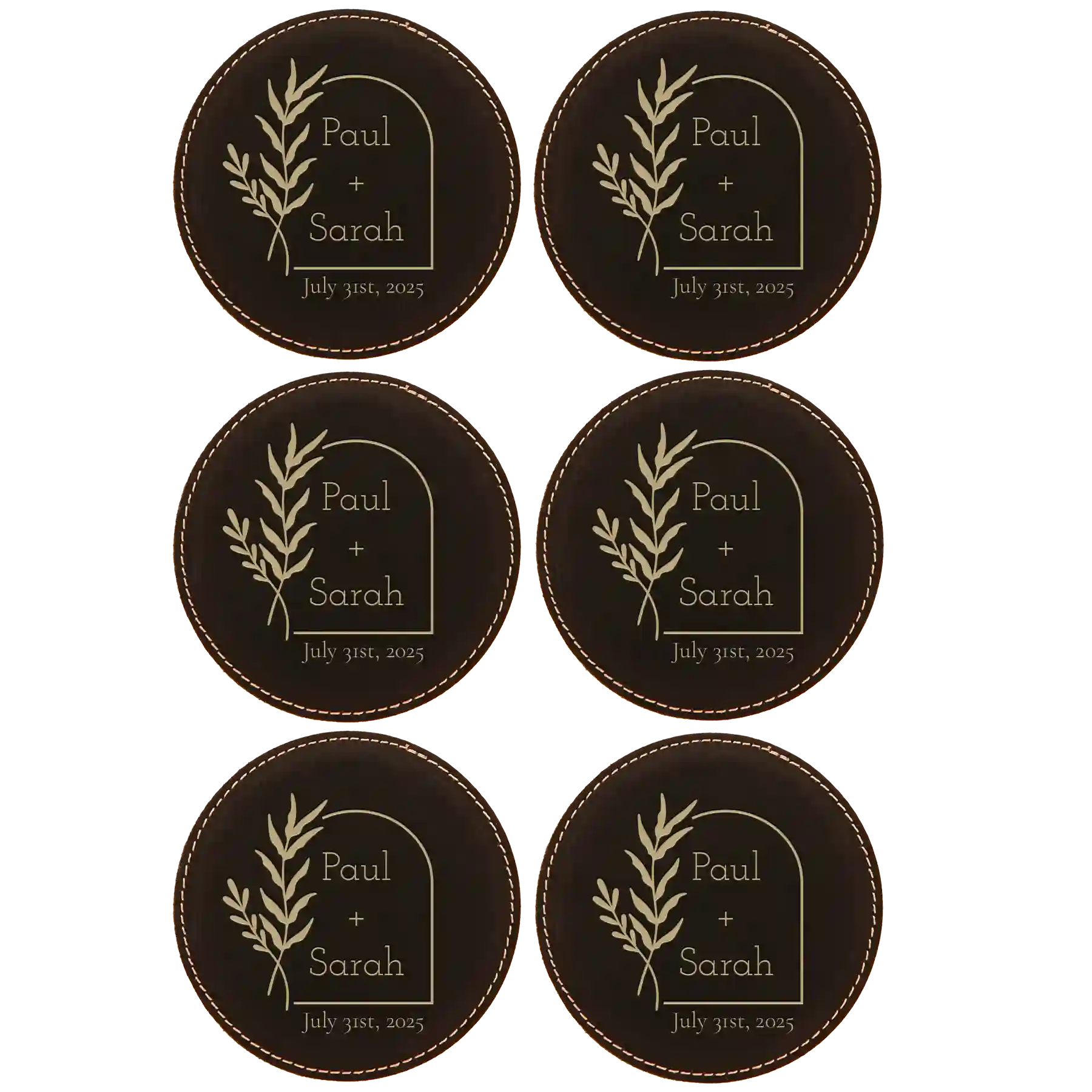 Black/Gold round leatherette coasters set of 6 with personalized 'Wedding Date' designs