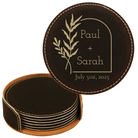 Black/Gold round leatherette coasters set and holder with personalized 'Wedding Date' design