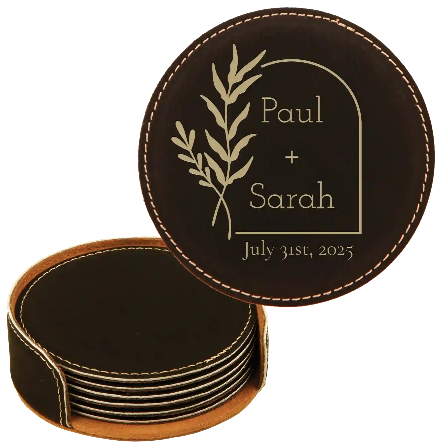 Black/Gold round leatherette coasters set and holder with personalized 'Wedding Date' design