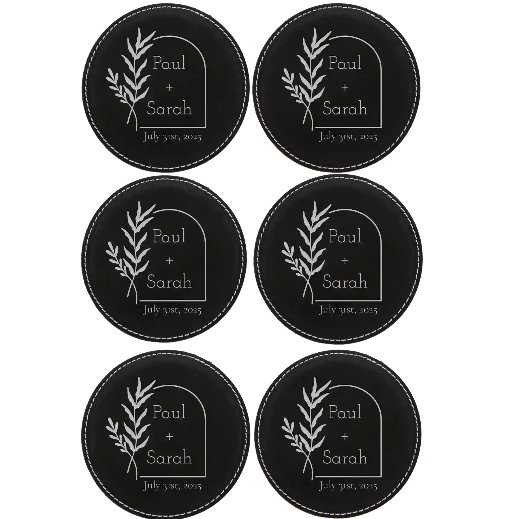 Black/Silver round leatherette coasters set of 6 with personalized 'Wedding Date' designs