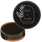 Black/Silver round leatherette coasters set and holder with personalized 'Wedding Date' design