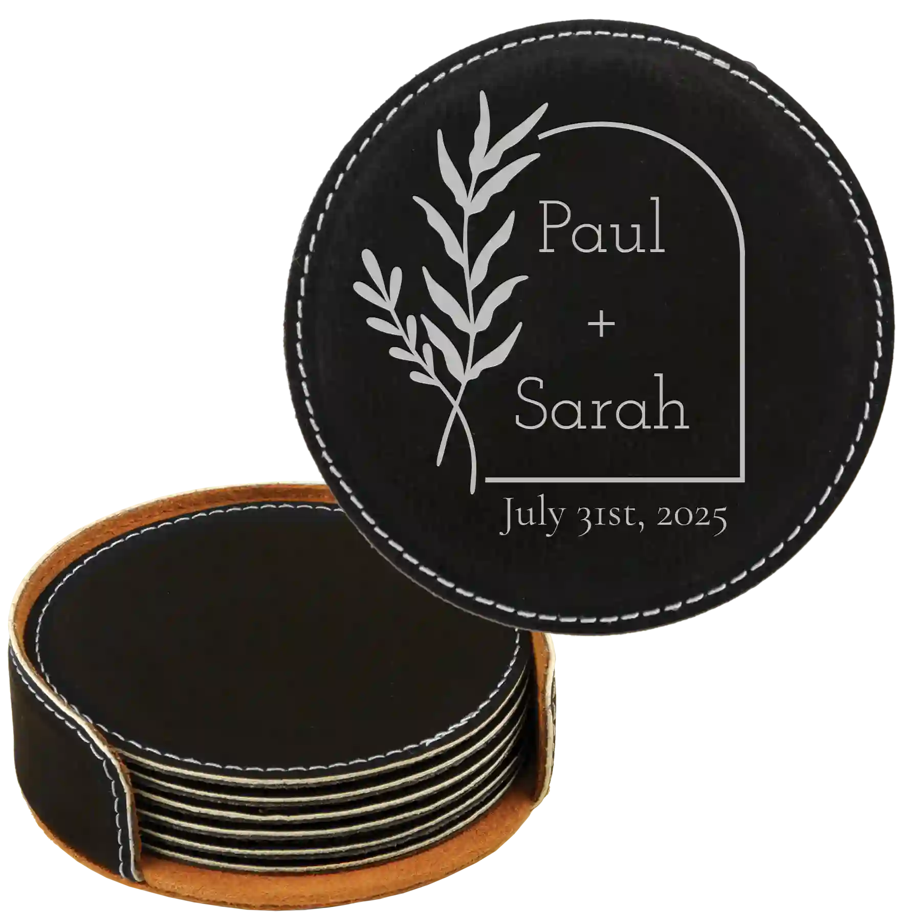 Black/Silver round leatherette coasters set and holder with personalized 'Wedding Date' design