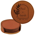 Rawhide round leatherette coasters set and holder with personalized 'Wedding Date' design