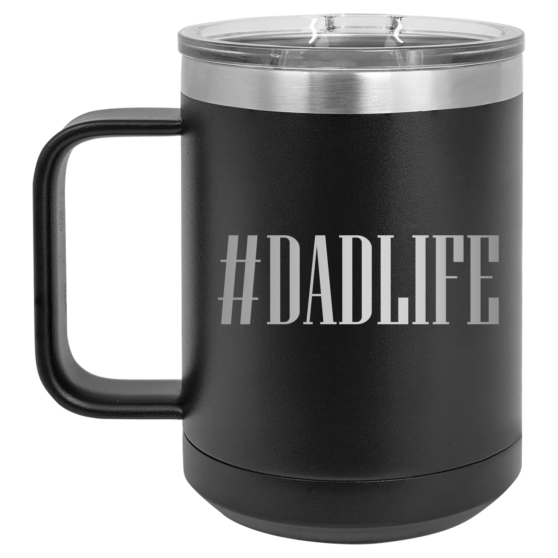 Personalized black 15 oz vacuum insulated coffee mug with etched 'Dadlife' design