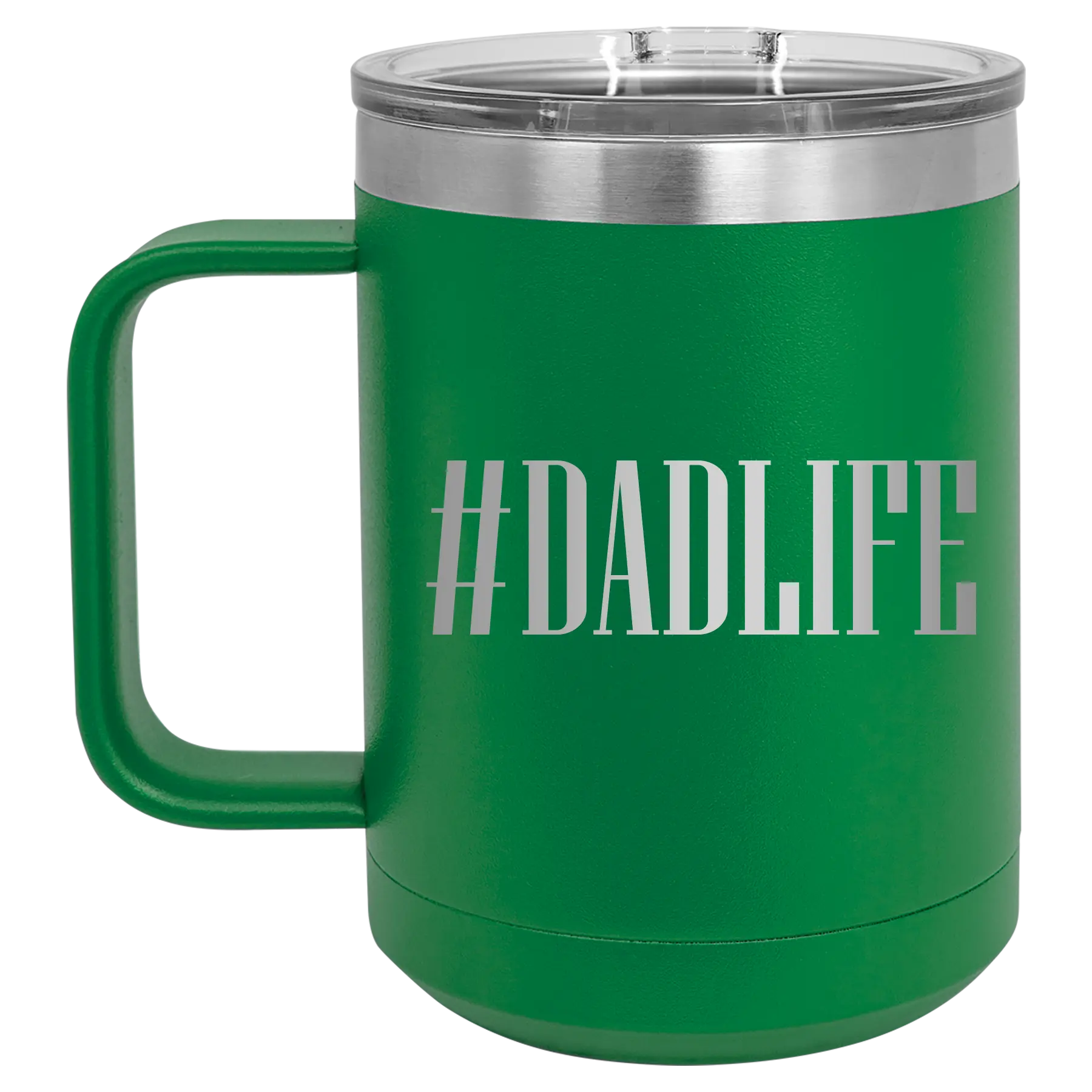 Personalized green 15 oz vacuum insulated coffee mug with etched 'Dadlife' design