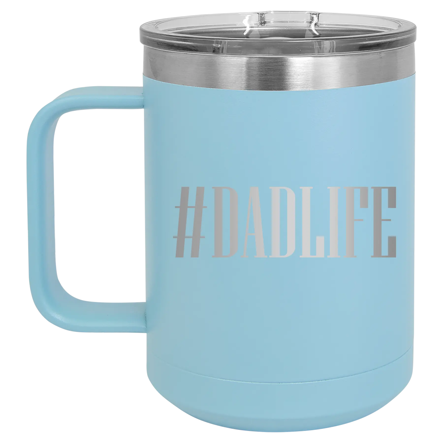 Personalized light blue 15 oz vacuum insulated coffee mug with etched 'Dadlife' design