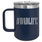 Personalized navy 15 oz vacuum insulated coffee mug with etched 'Dadlife' design