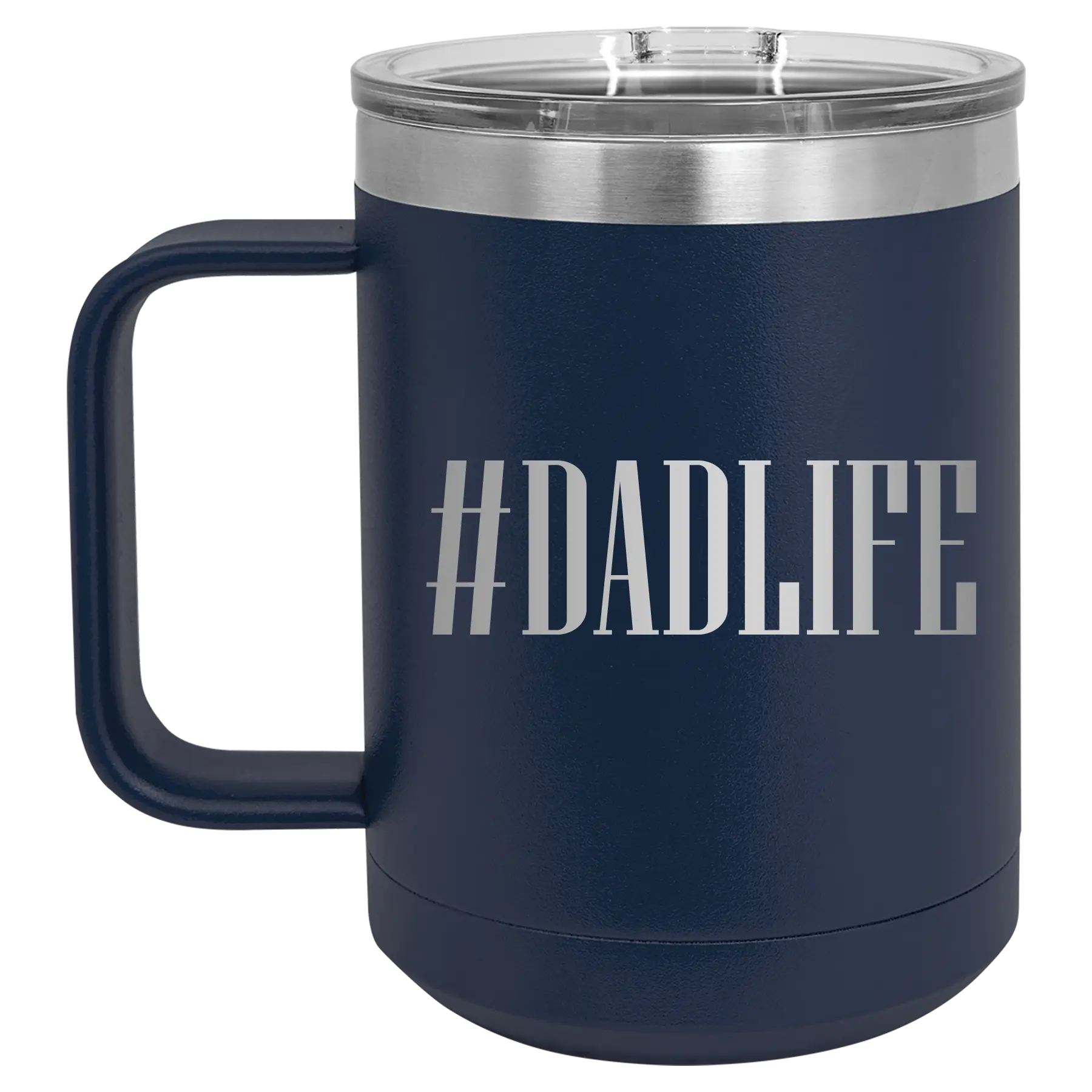 Personalized navy 15 oz vacuum insulated coffee mug with etched 'Dadlife' design