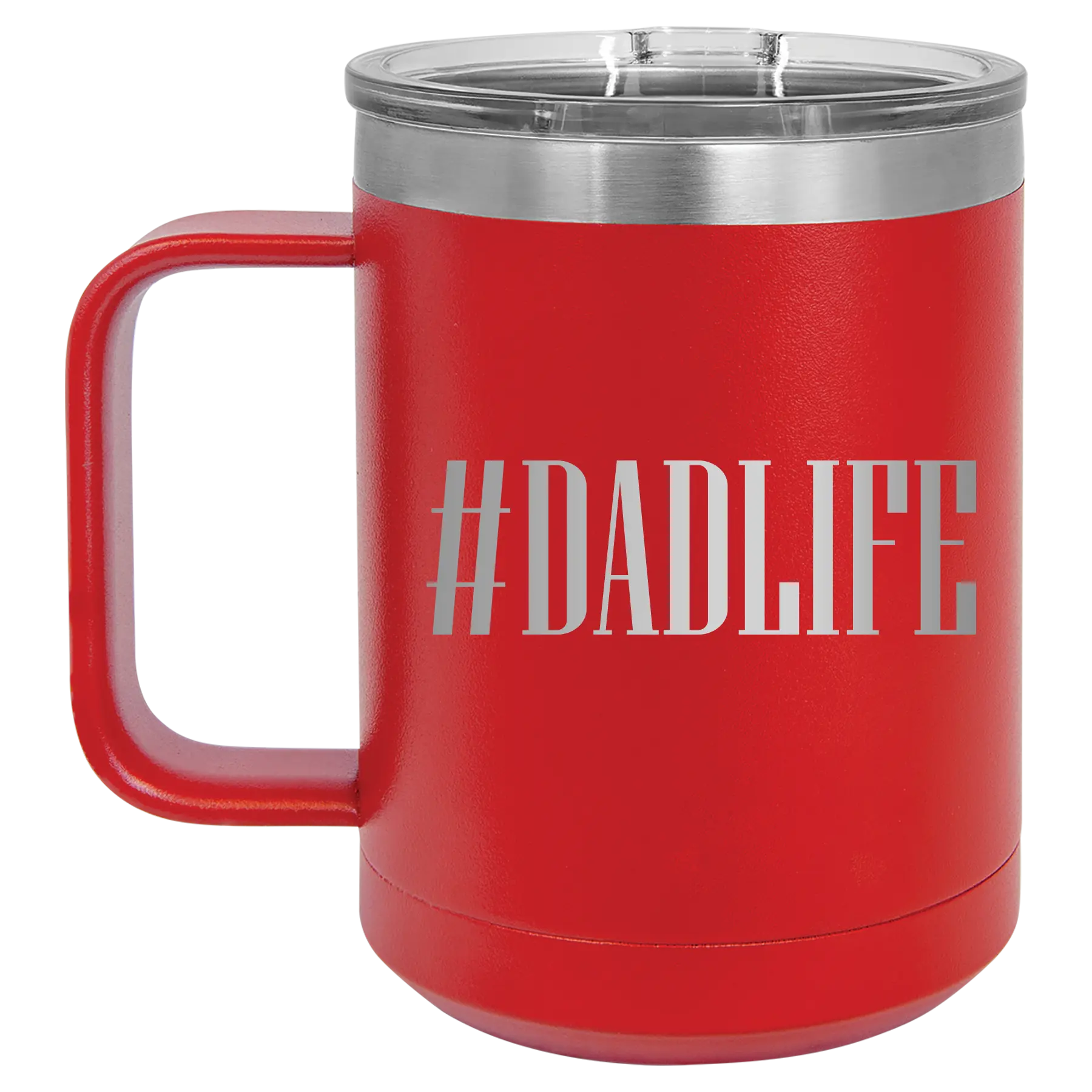 Personalized red 15 oz vacuum insulated coffee mug with etched 'Dadlife' design