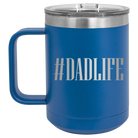 Personalized royal blue 15 oz vacuum insulated coffee mug with etched 'Dadlife' design