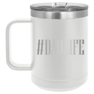 Personalized white 15 oz vacuum insulated coffee mug with etched 'Dadlife' design