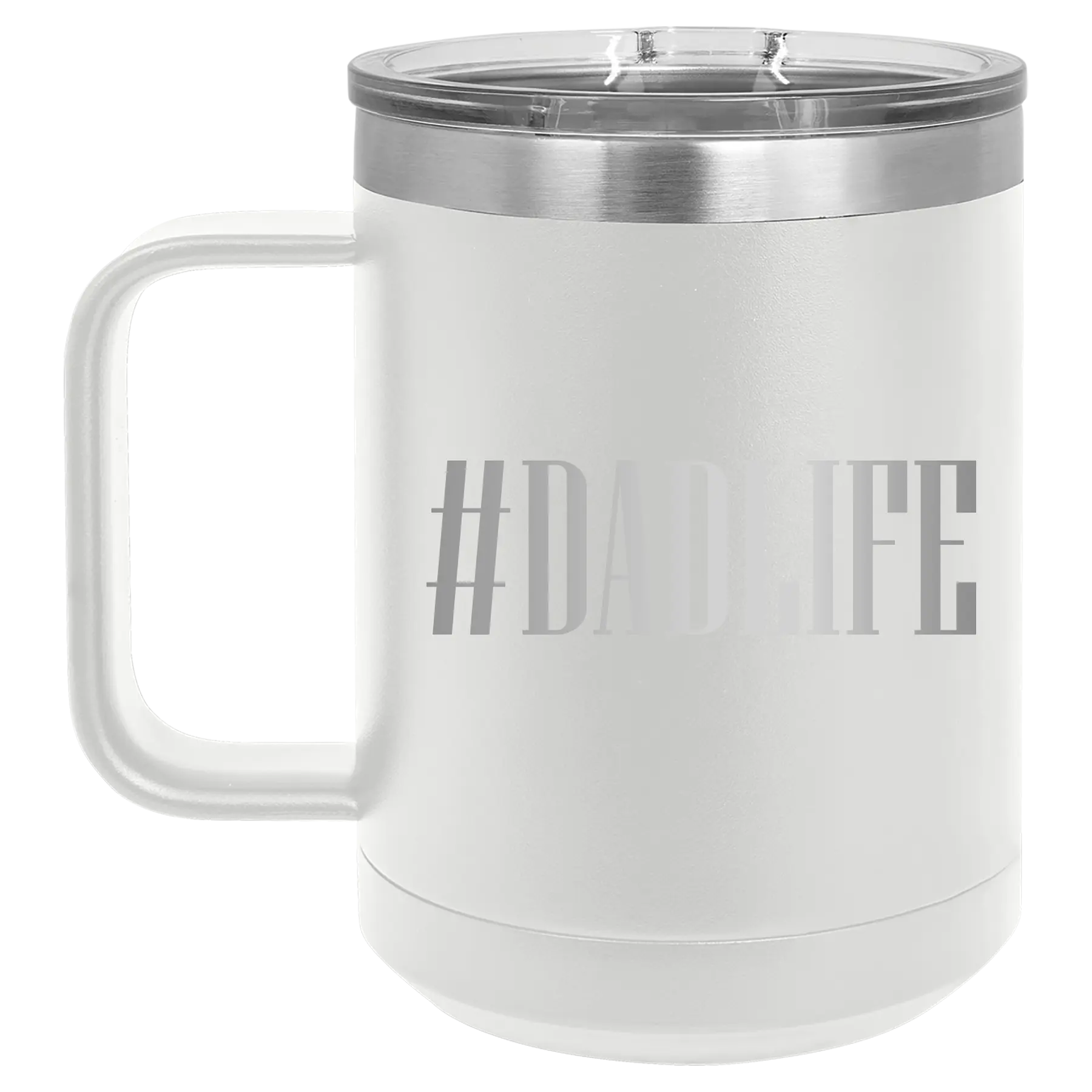 Personalized white 15 oz vacuum insulated coffee mug with etched 'Dadlife' design