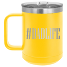 Personalized yellow 15 oz vacuum insulated coffee mug with etched 'Dadlife' design