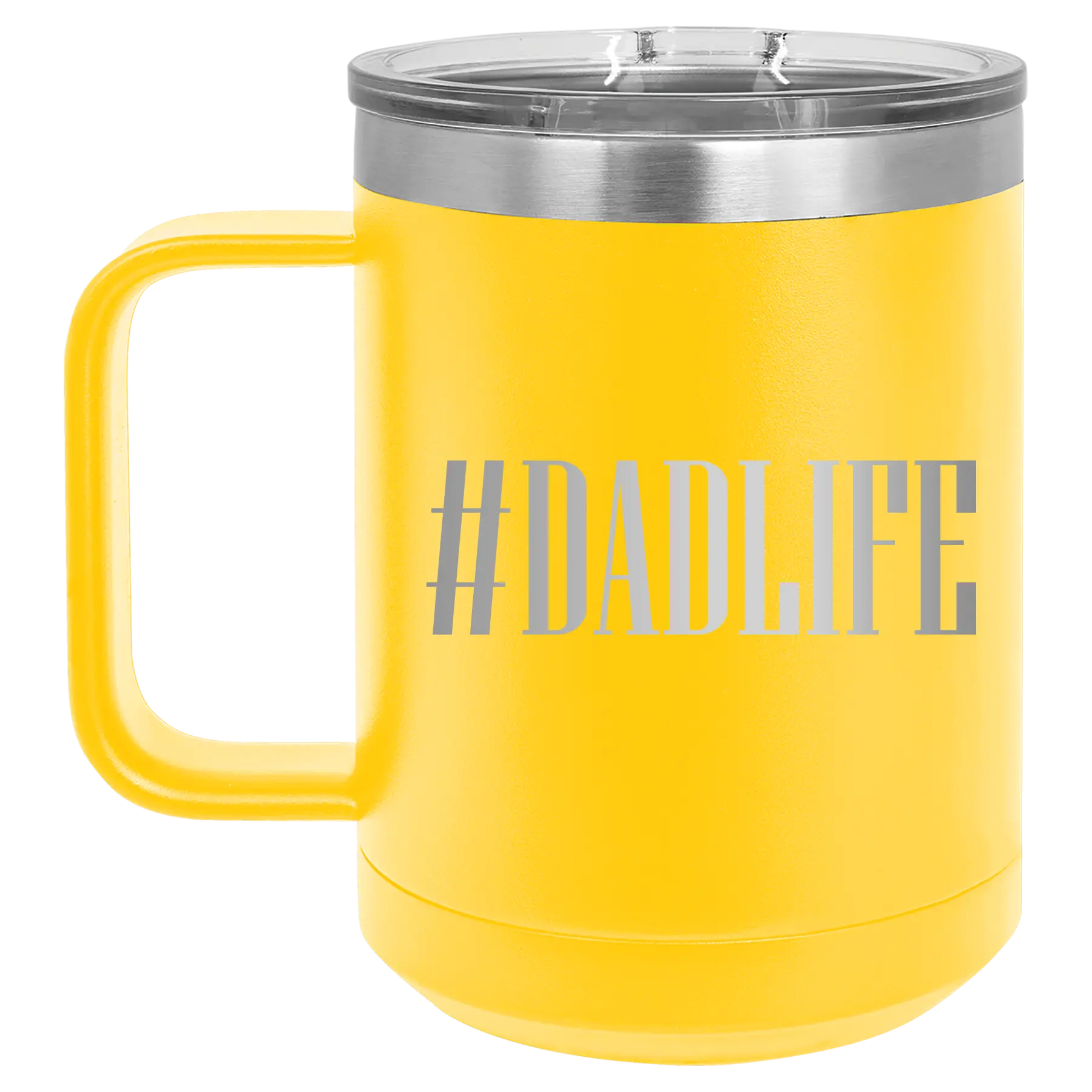 Personalized yellow 15 oz vacuum insulated coffee mug with etched 'Dadlife' design