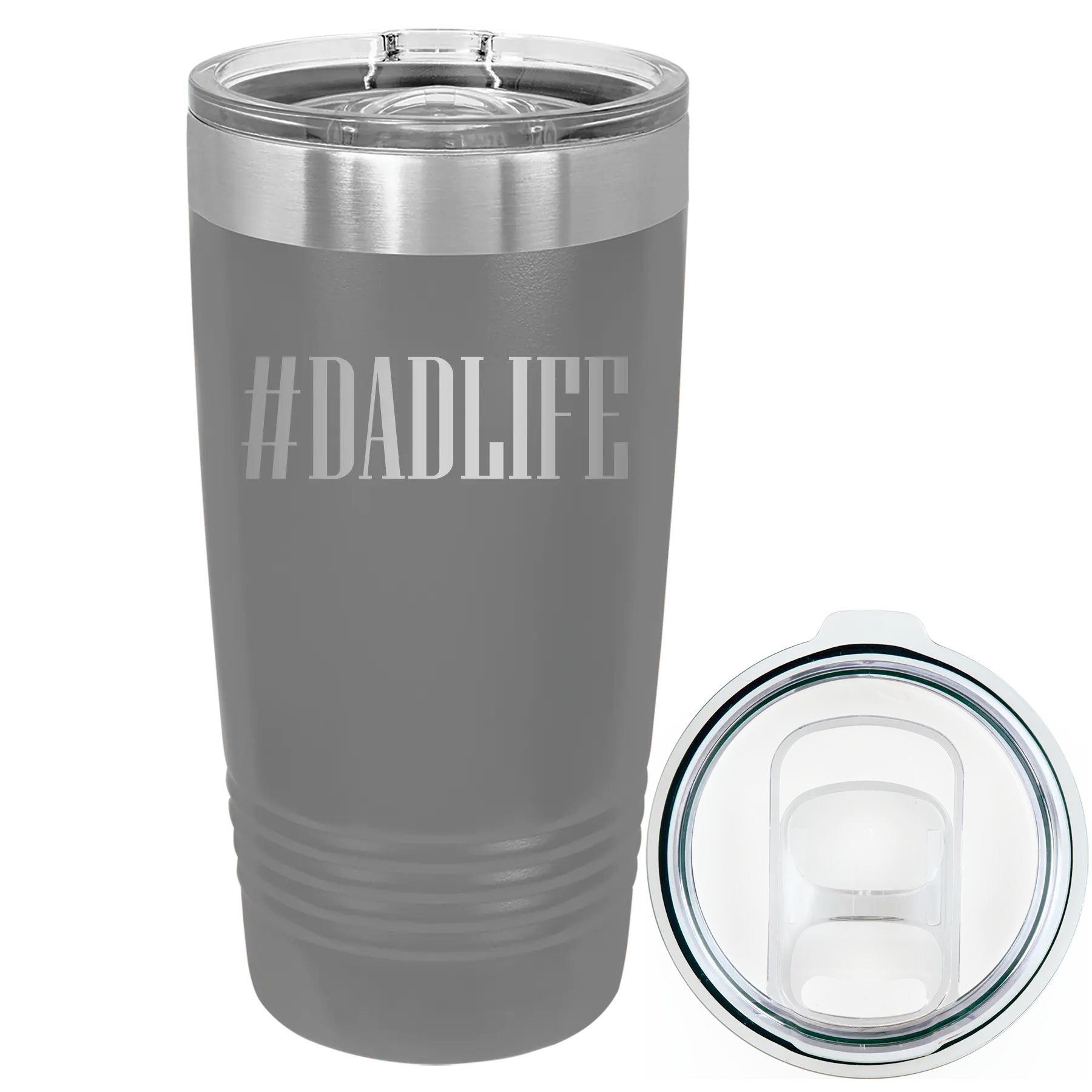 Laser etched dark gray 20 oz vacuum insulated tumbler with 'Dadlife' design
