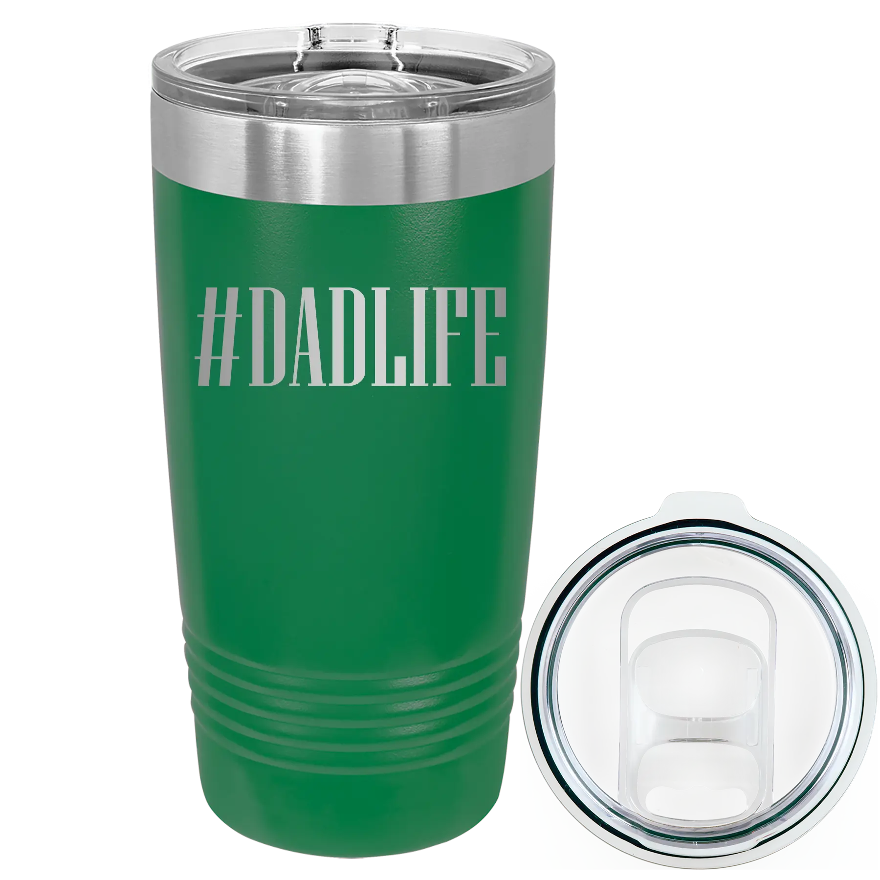 Laser etched green 20 oz vacuum insulated tumbler with 'Dadlife' design