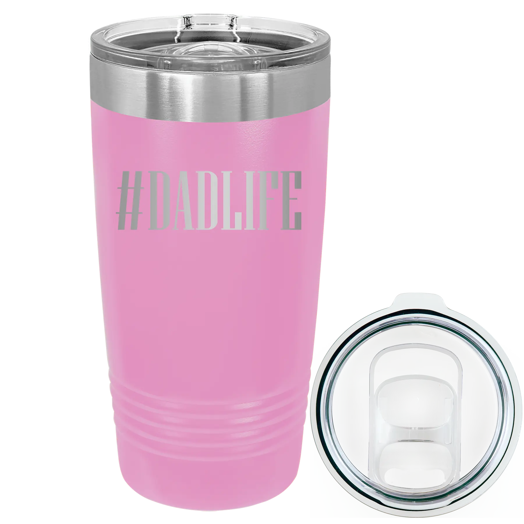 Laser etched light purple 20 oz vacuum insulated tumbler with 'Dadlife' design