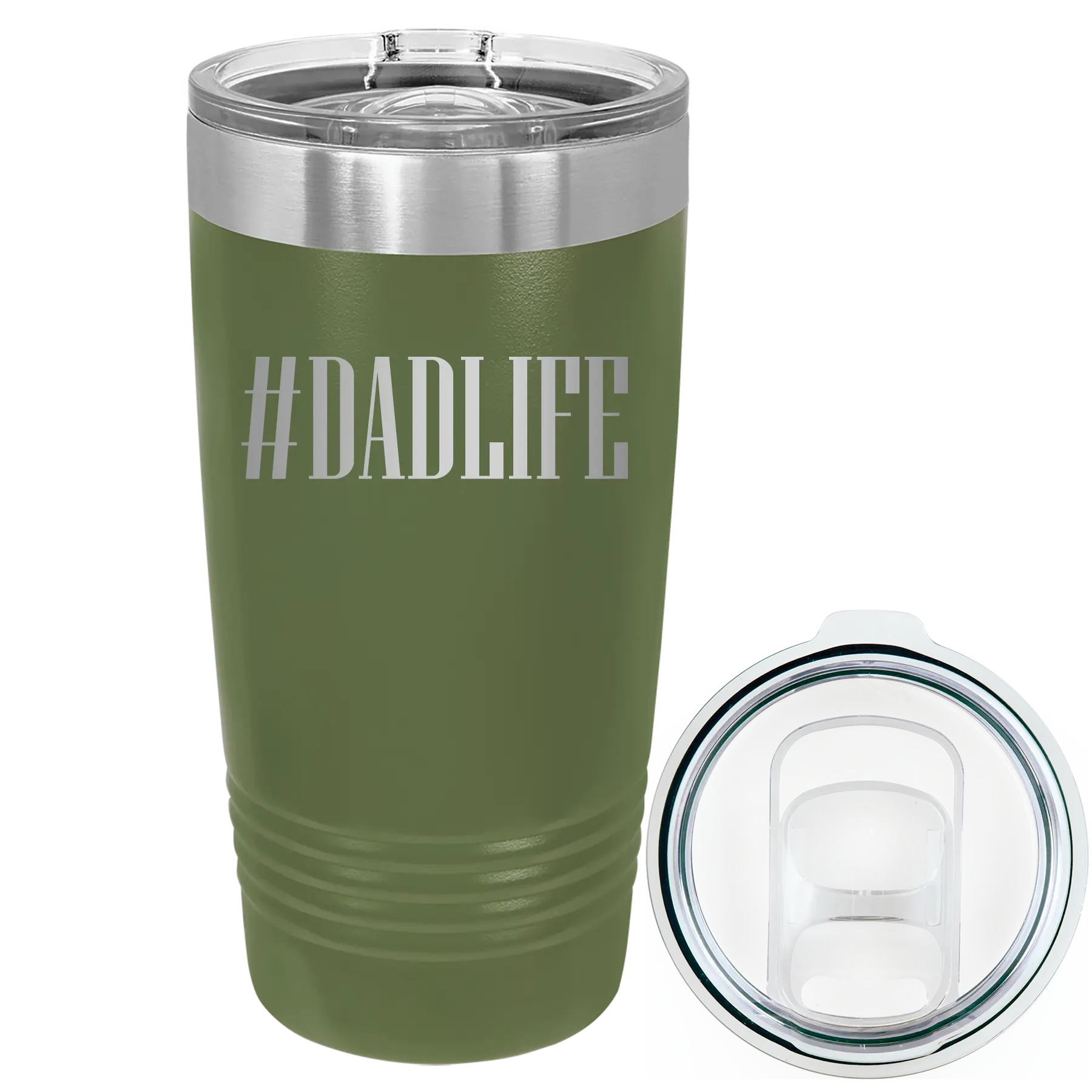 Laser etched olive green 20 oz vacuum insulated tumbler with 'Dadlife' design