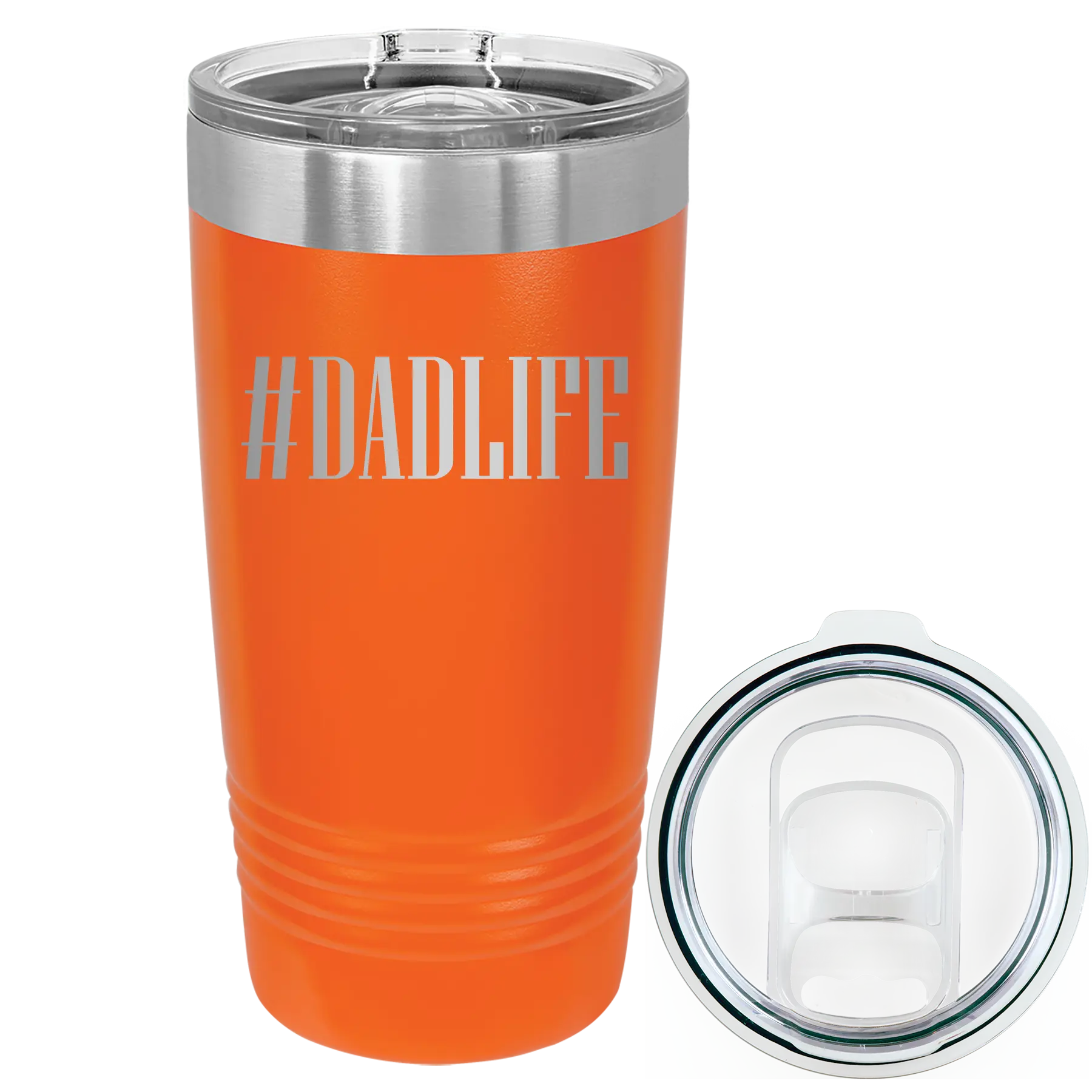 Laser etched orange 20 oz vacuum insulated tumbler with 'Dadlife' design