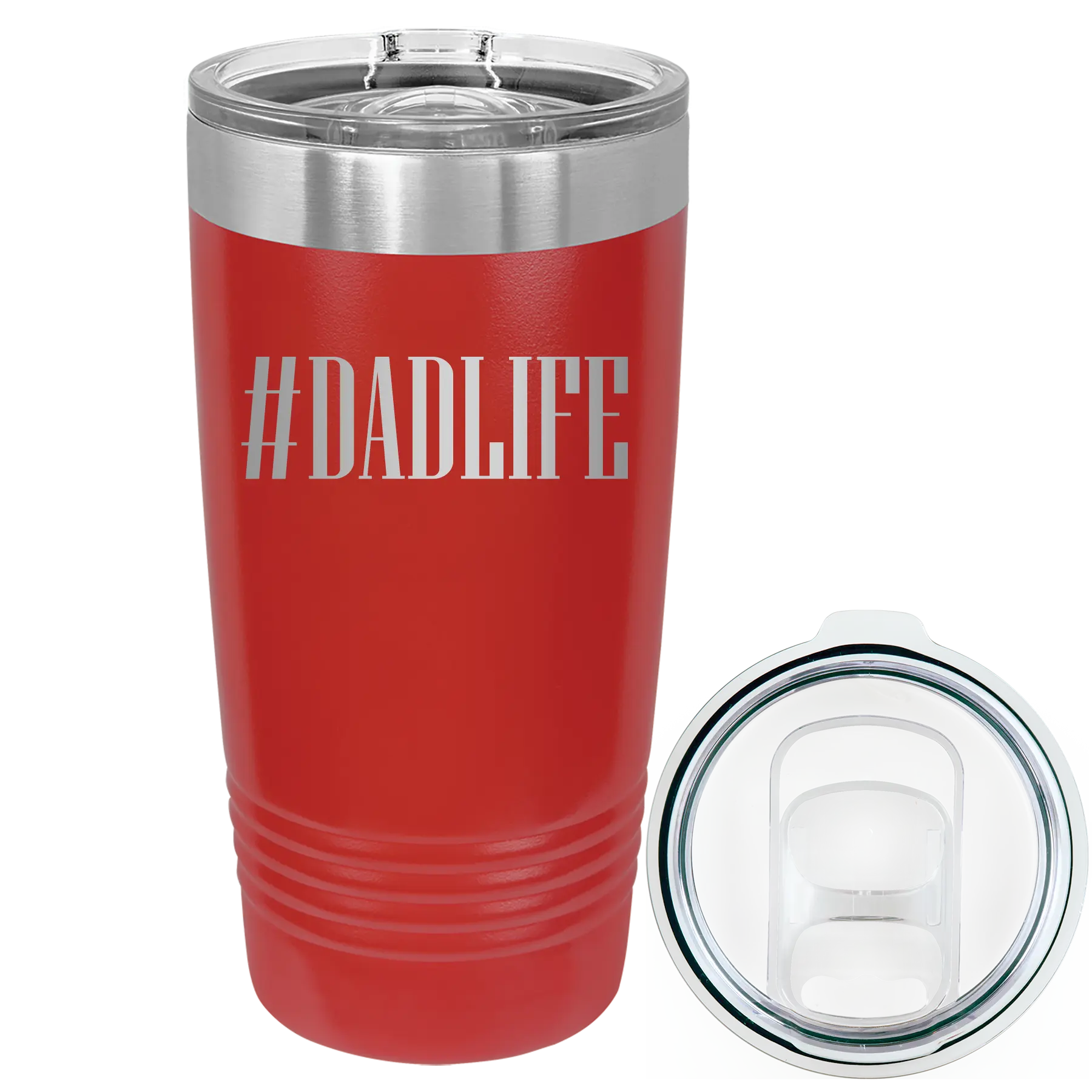 Laser etched red 20 oz vacuum insulated tumbler with 'Dadlife' design