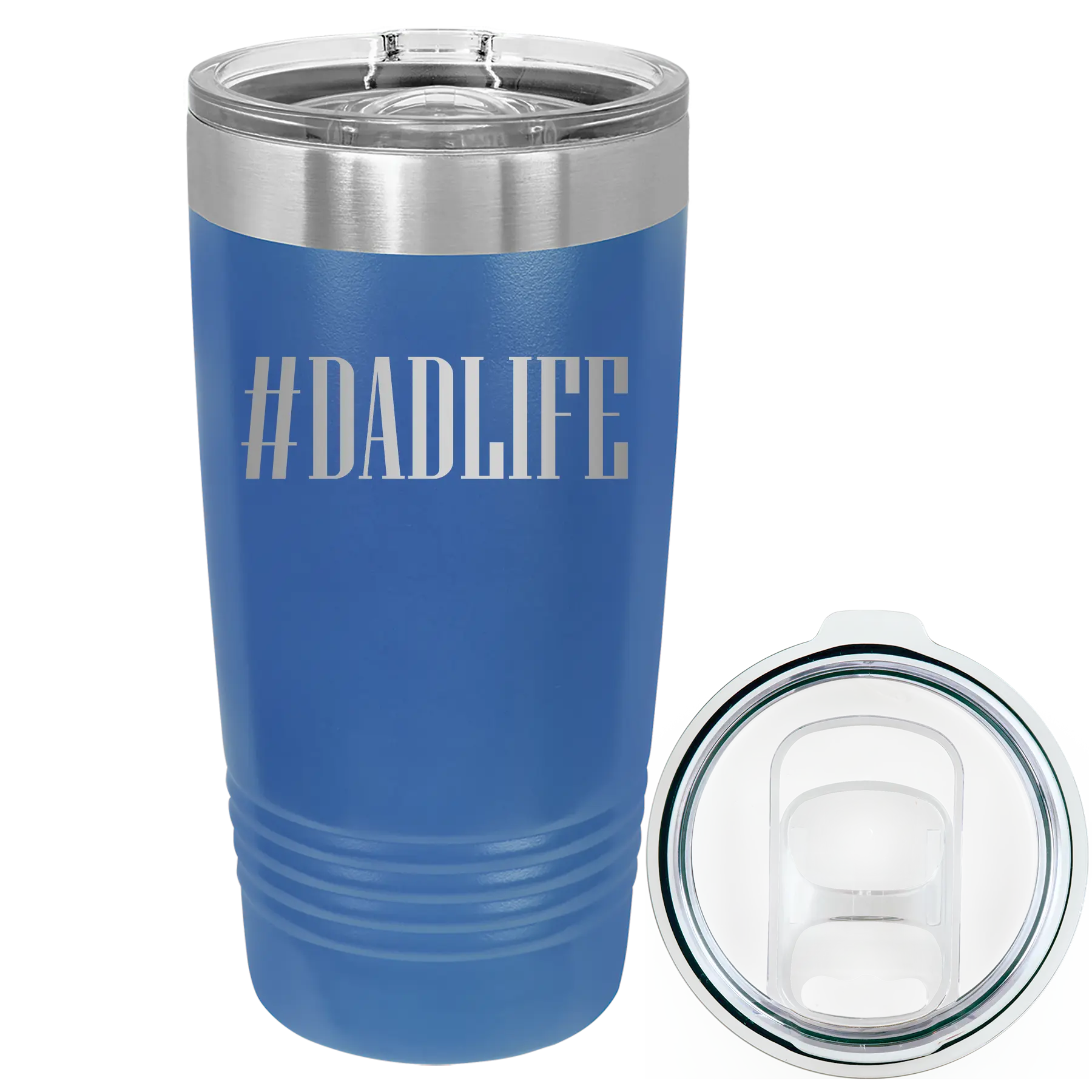 Laser etched royal blue 20 oz vacuum insulated tumbler with 'Dadlife' design