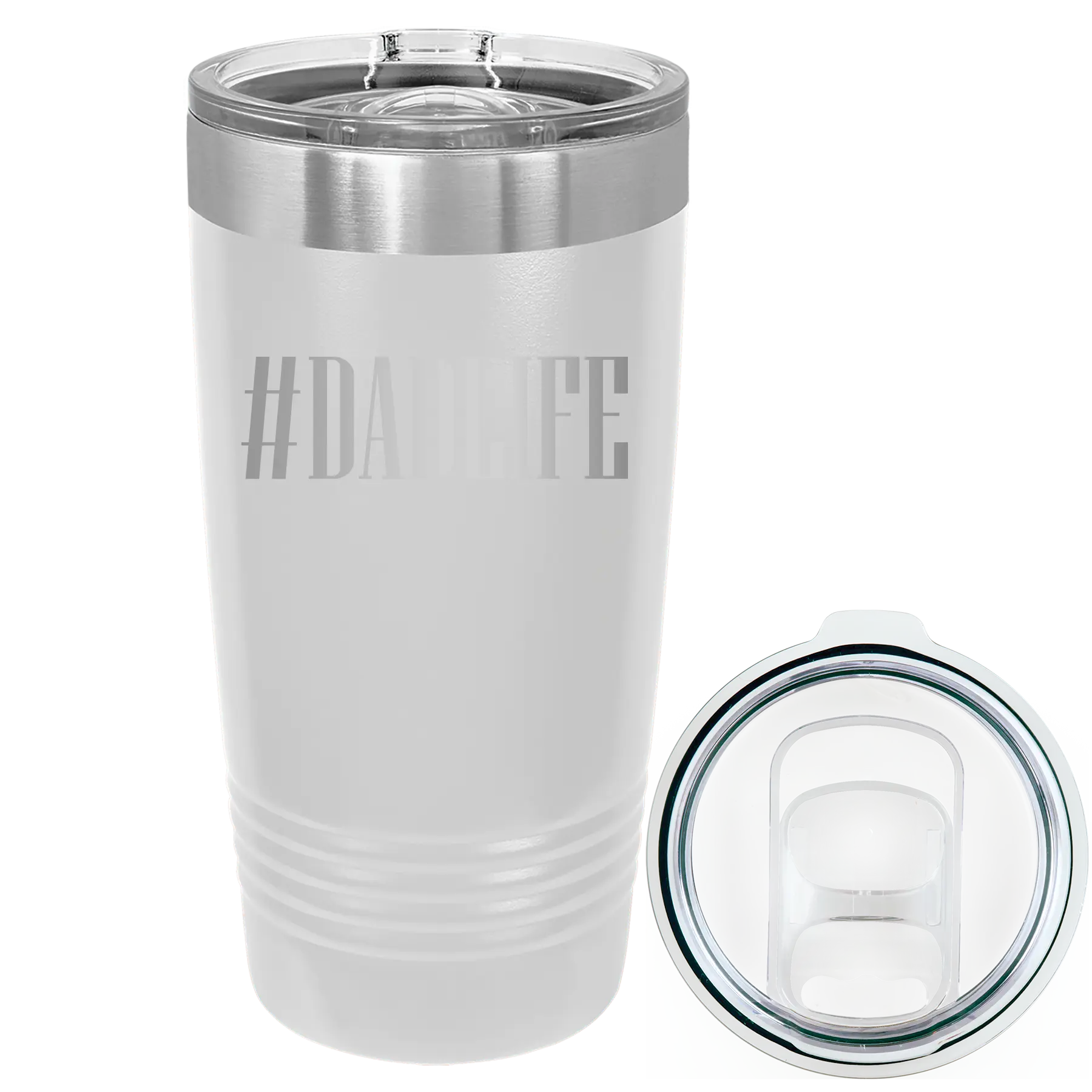 Laser etched white 20 oz vacuum insulated tumbler with 'Dadlife' design