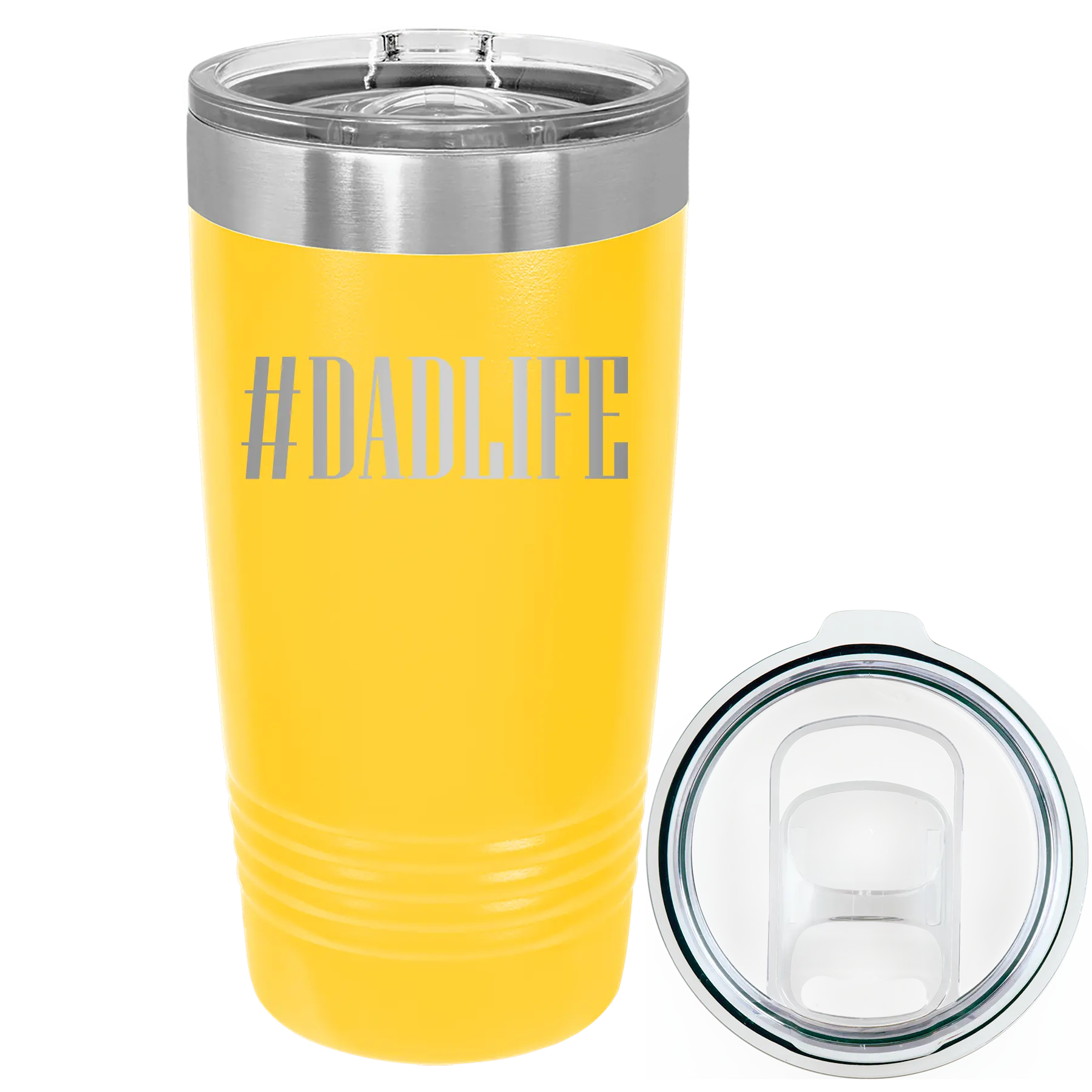 Laser etched yellow 20 oz vacuum insulated tumbler with 'Dadlife' design