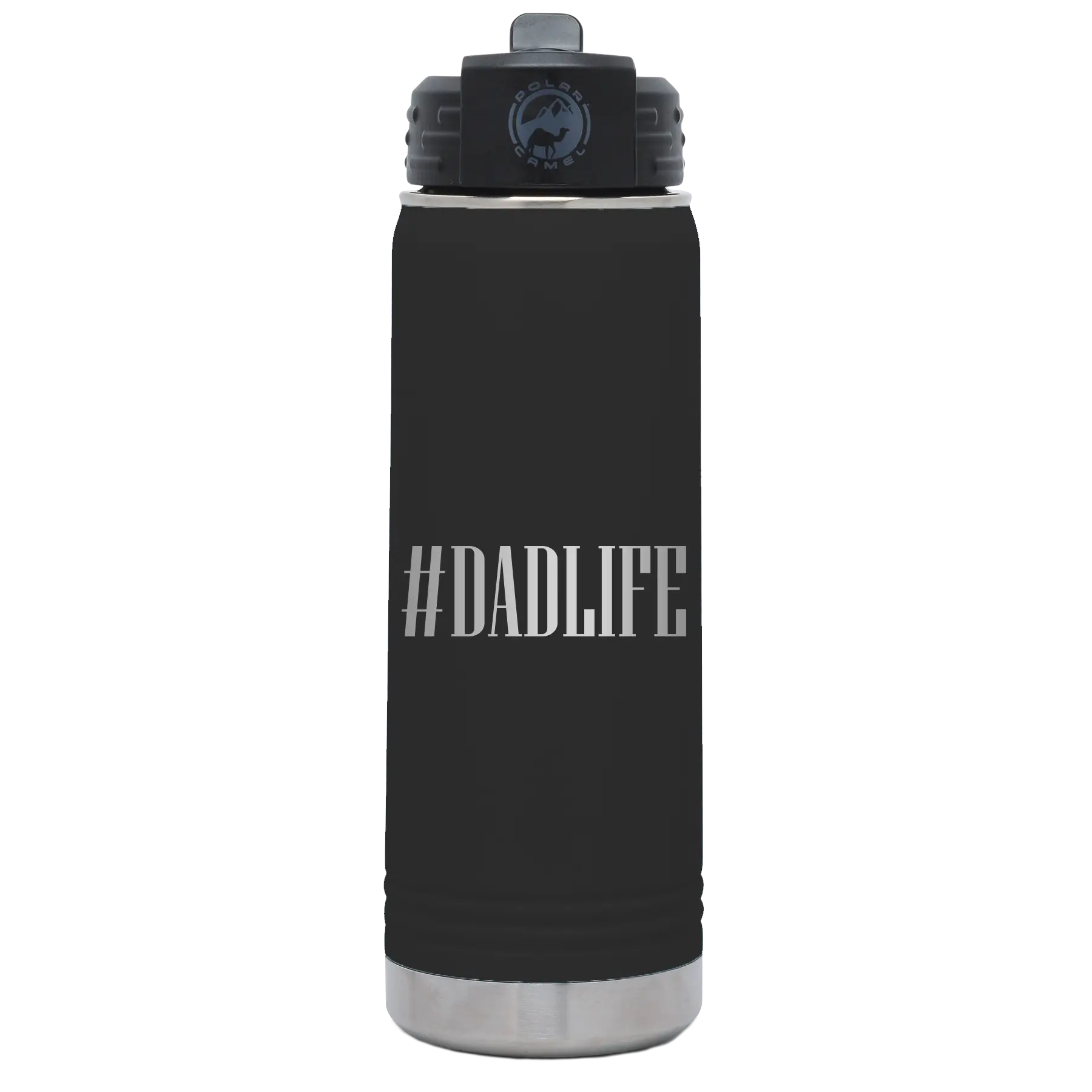 Laser etched black 20 oz vacuum insulated water bottle with 'Dadlife' design