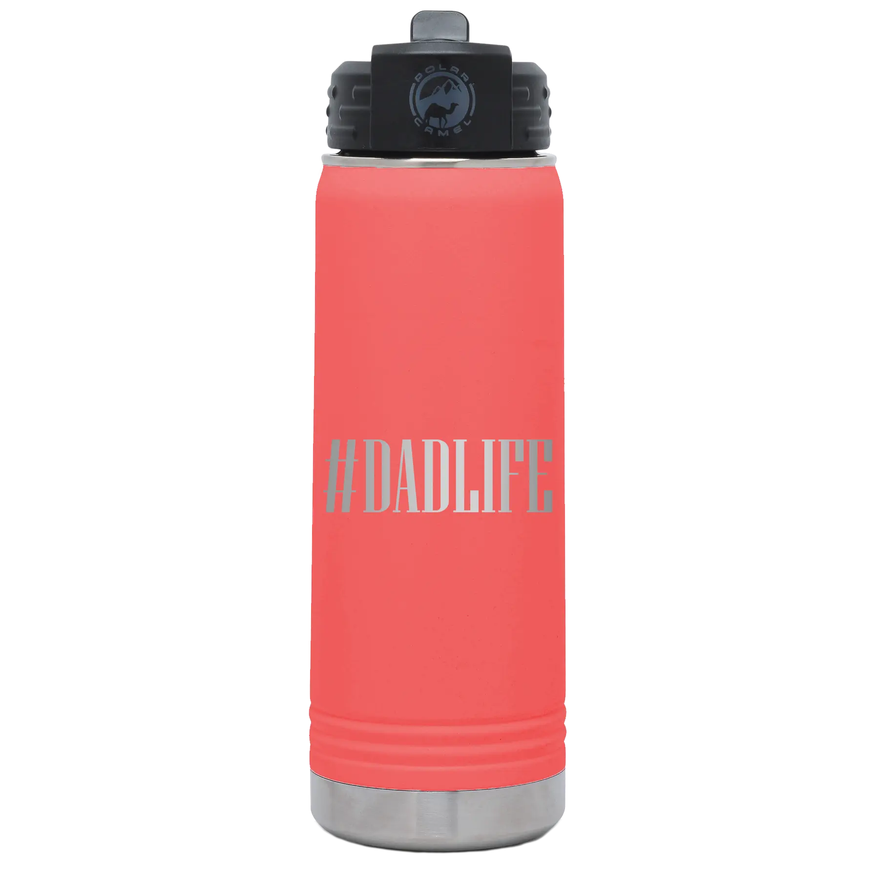 Laser etched coral 20 oz vacuum insulated water bottle with 'Dadlife' design