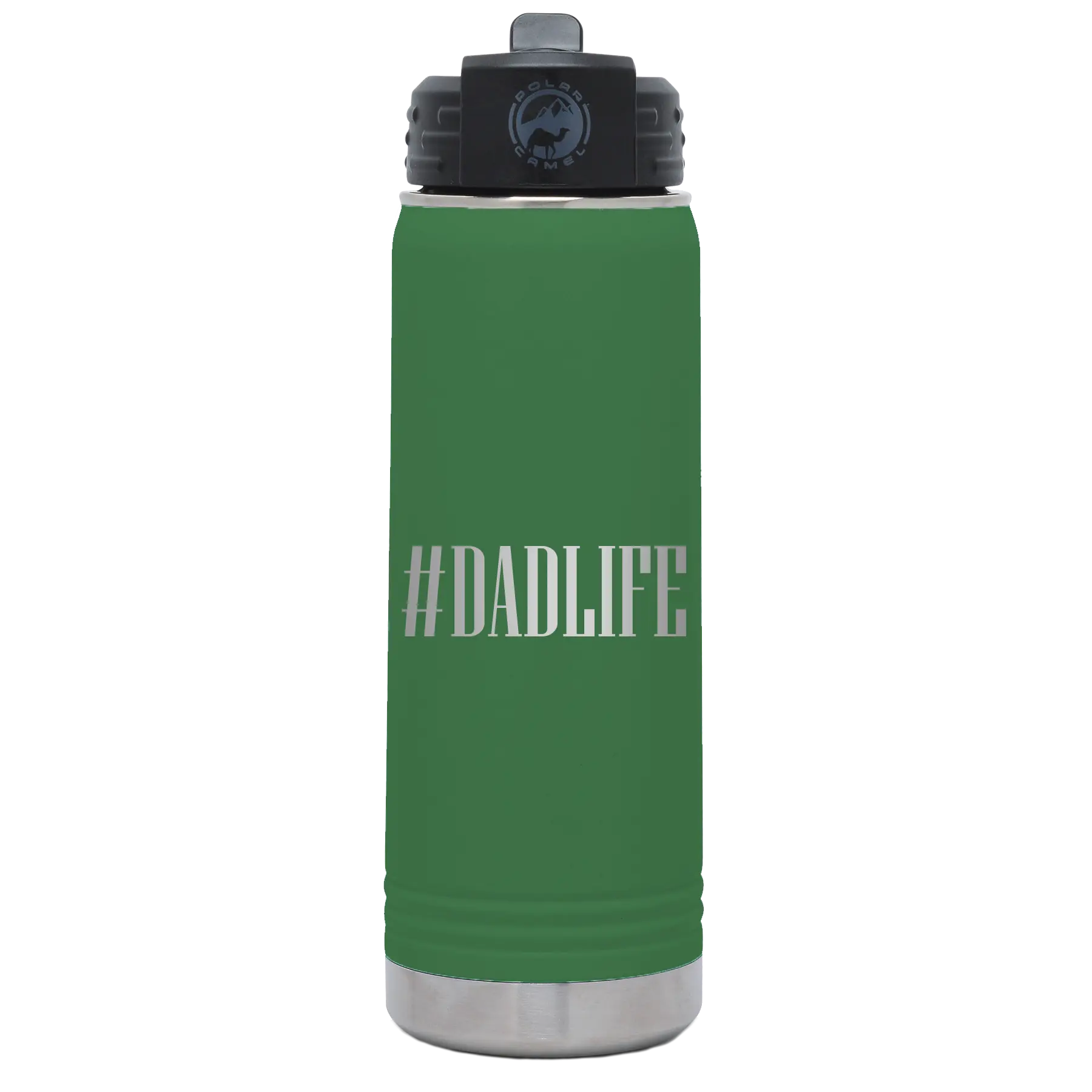 Laser etched green 20 oz vacuum insulated water bottle with 'Dadlife' design