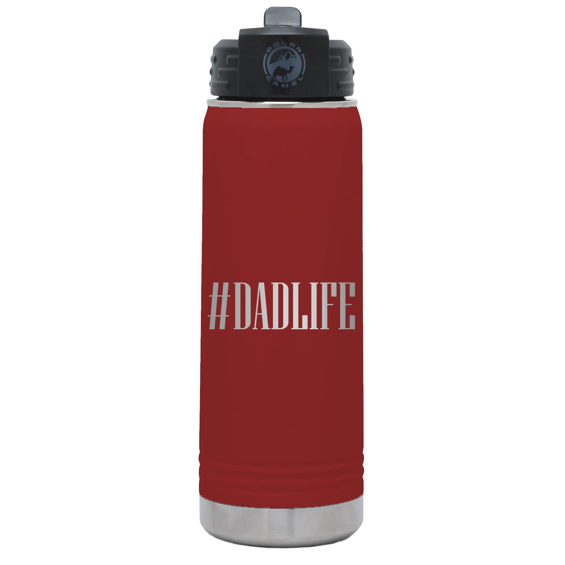 Laser etched maroon 20 oz vacuum insulated water bottle with 'Dadlife' design