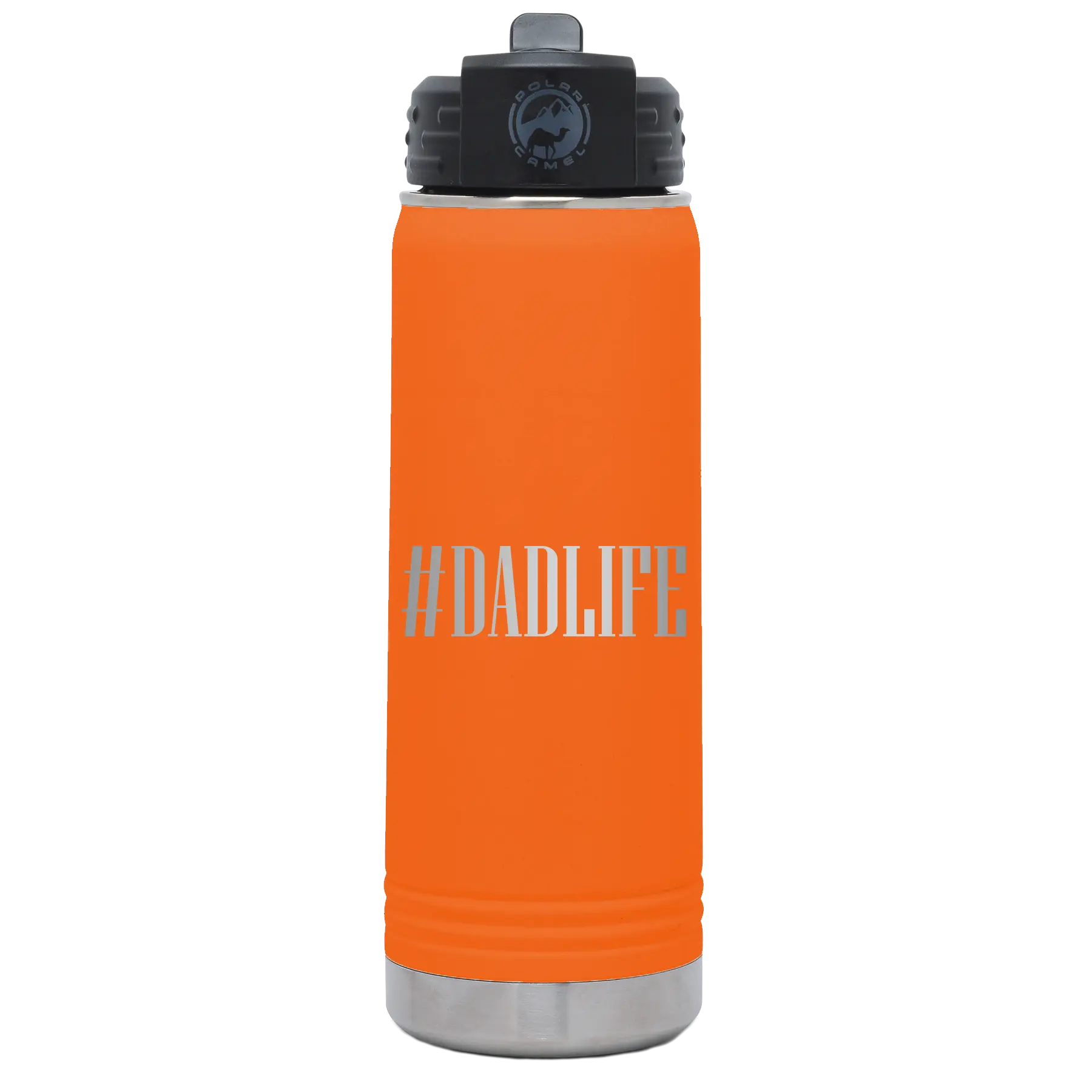 Laser etched orange 20 oz vacuum insulated water bottle with 'Dadlife' design