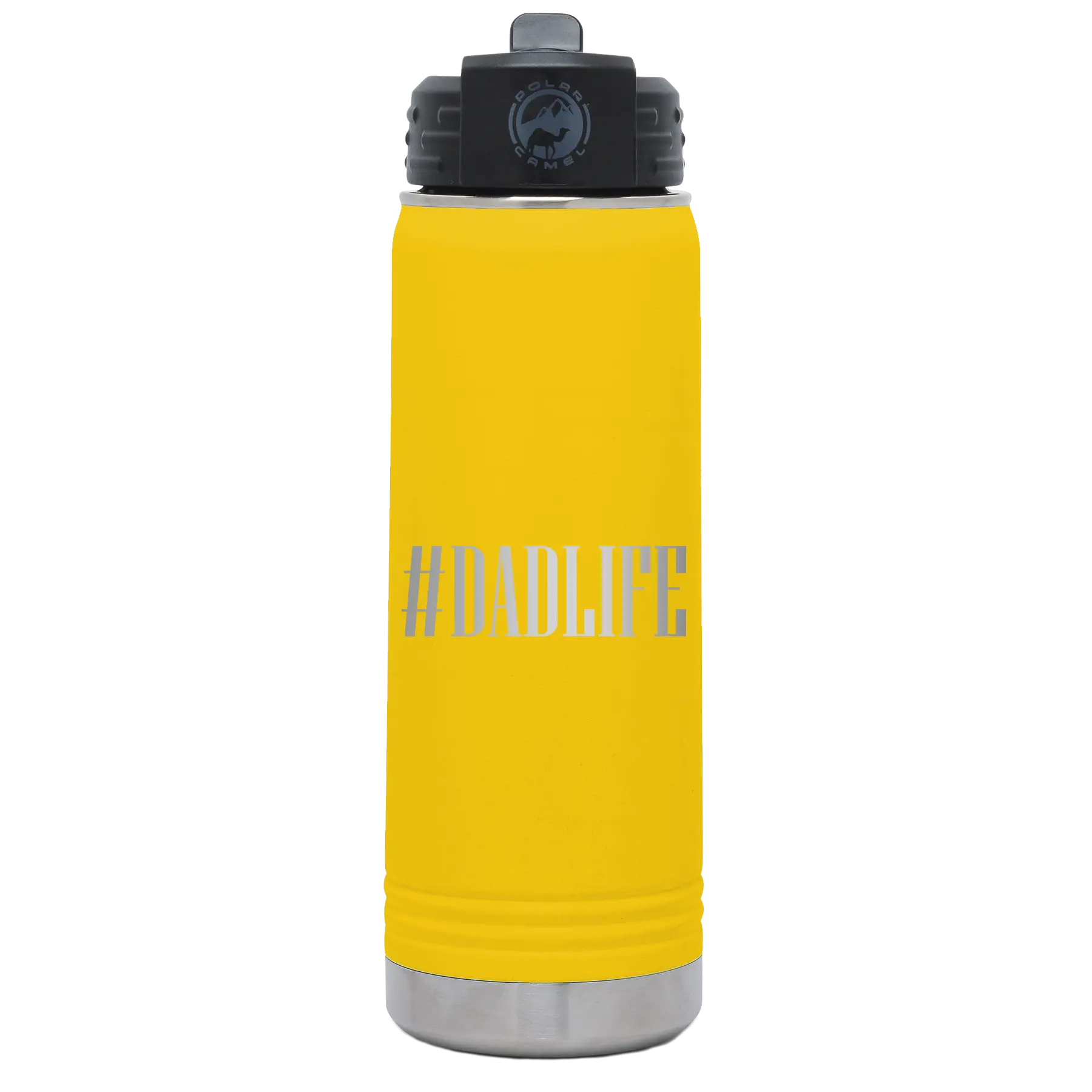Laser etched yellow 20 oz vacuum insulated water bottle with 'Dadlife' design