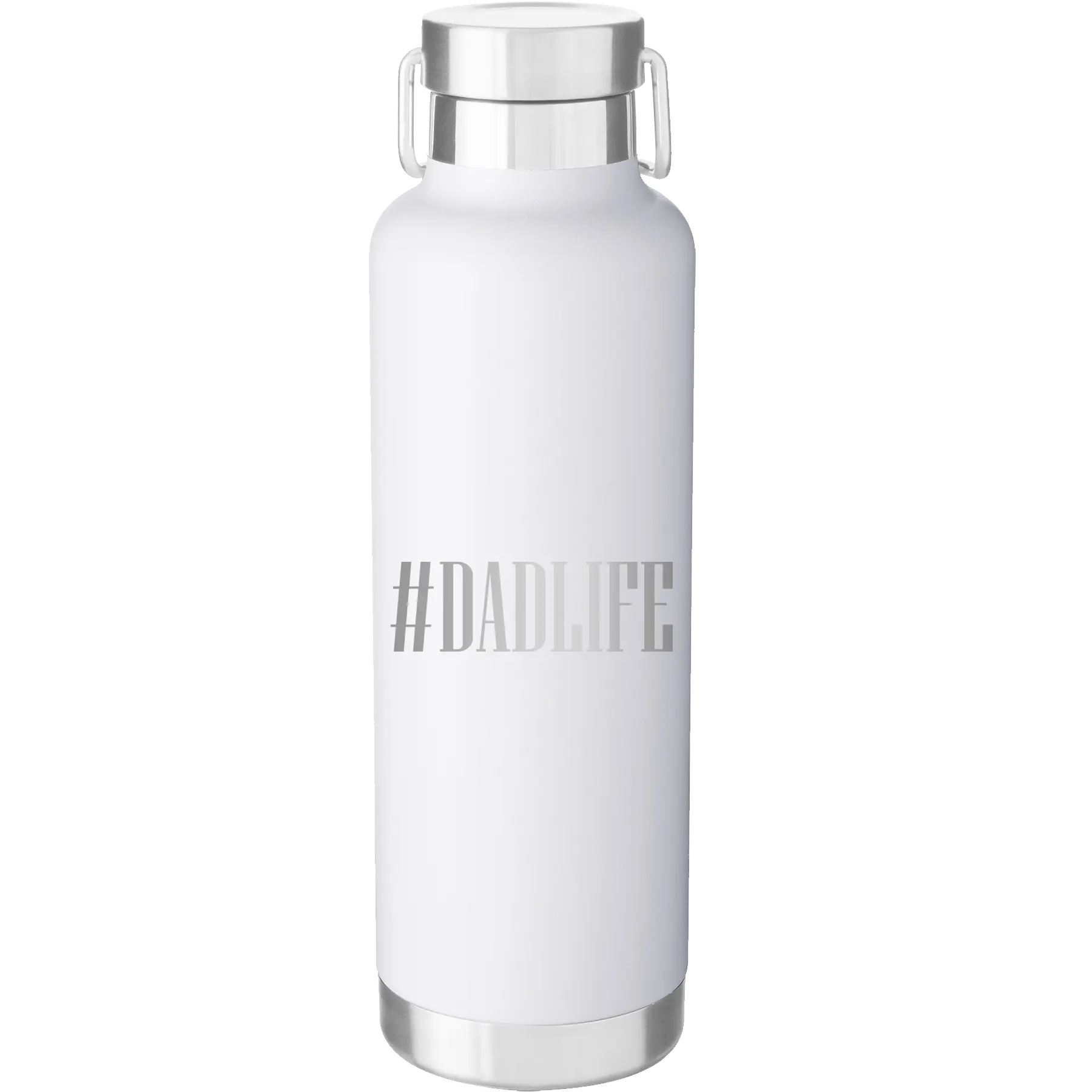 Laser etched white 24 oz vacuum insulated water bottle with 'Dadlife' design
