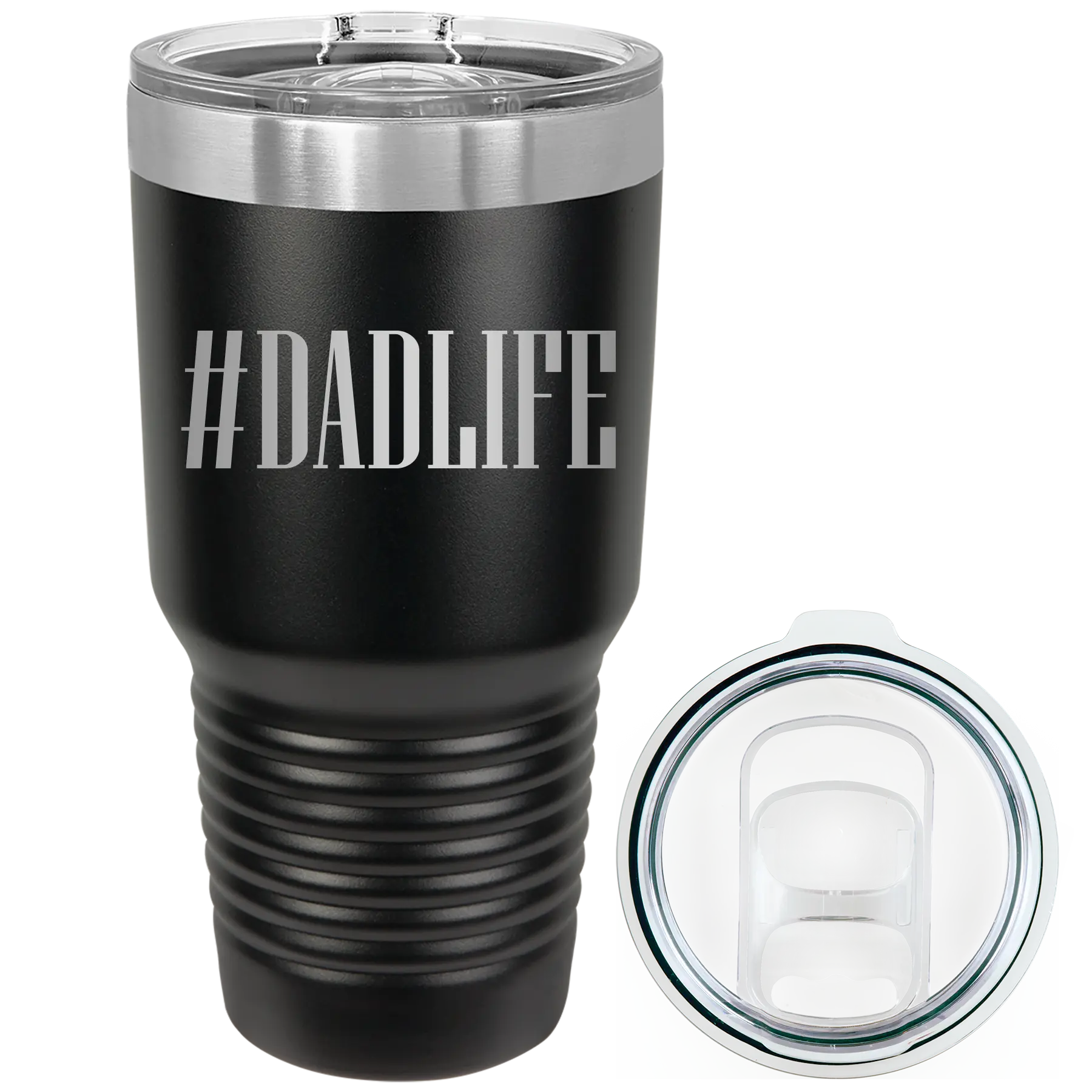 Laser etched black 30 oz vacuum insulated tumbler with 'Dadlife' design