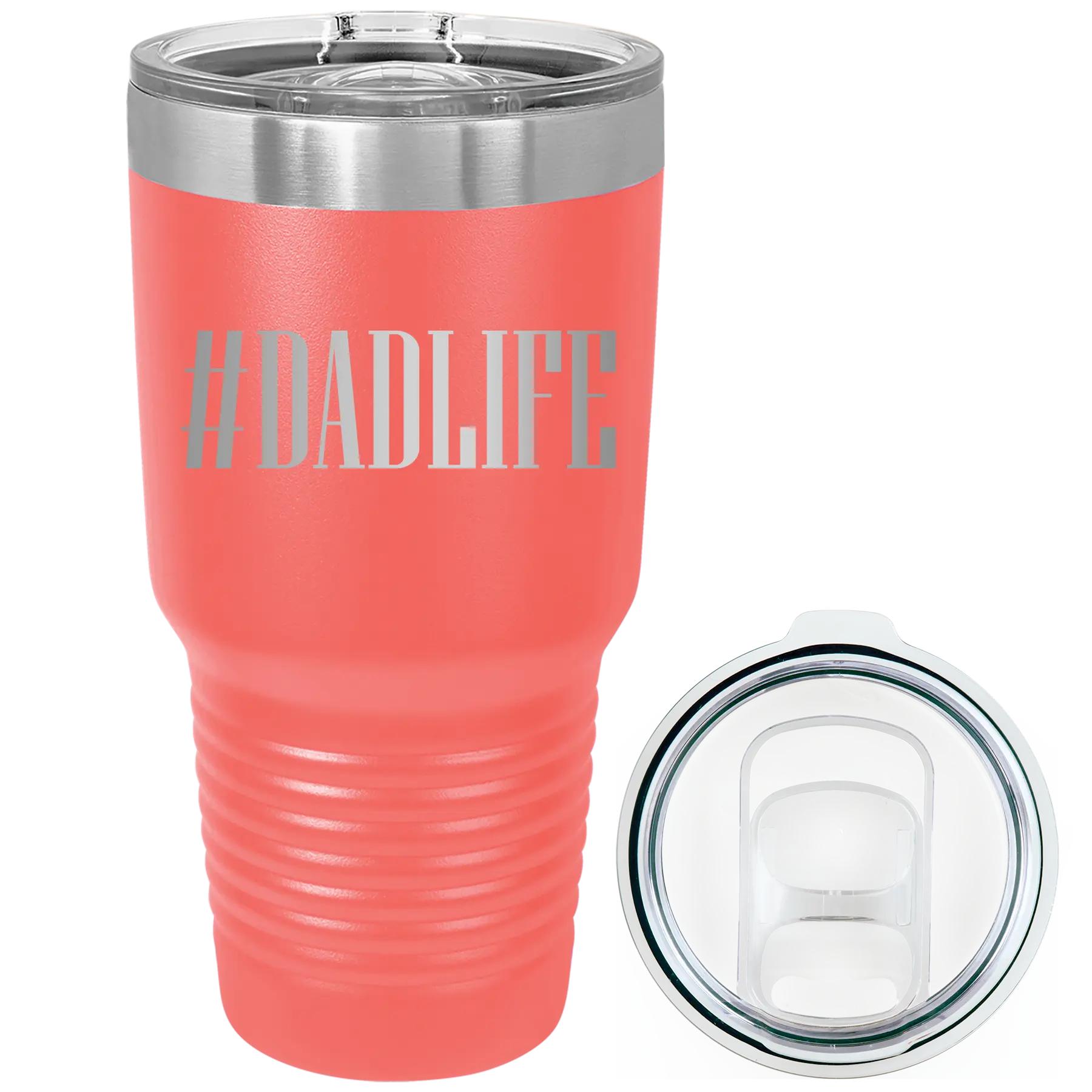 Laser etched coral 30 oz vacuum insulated tumbler with 'Dadlife' design