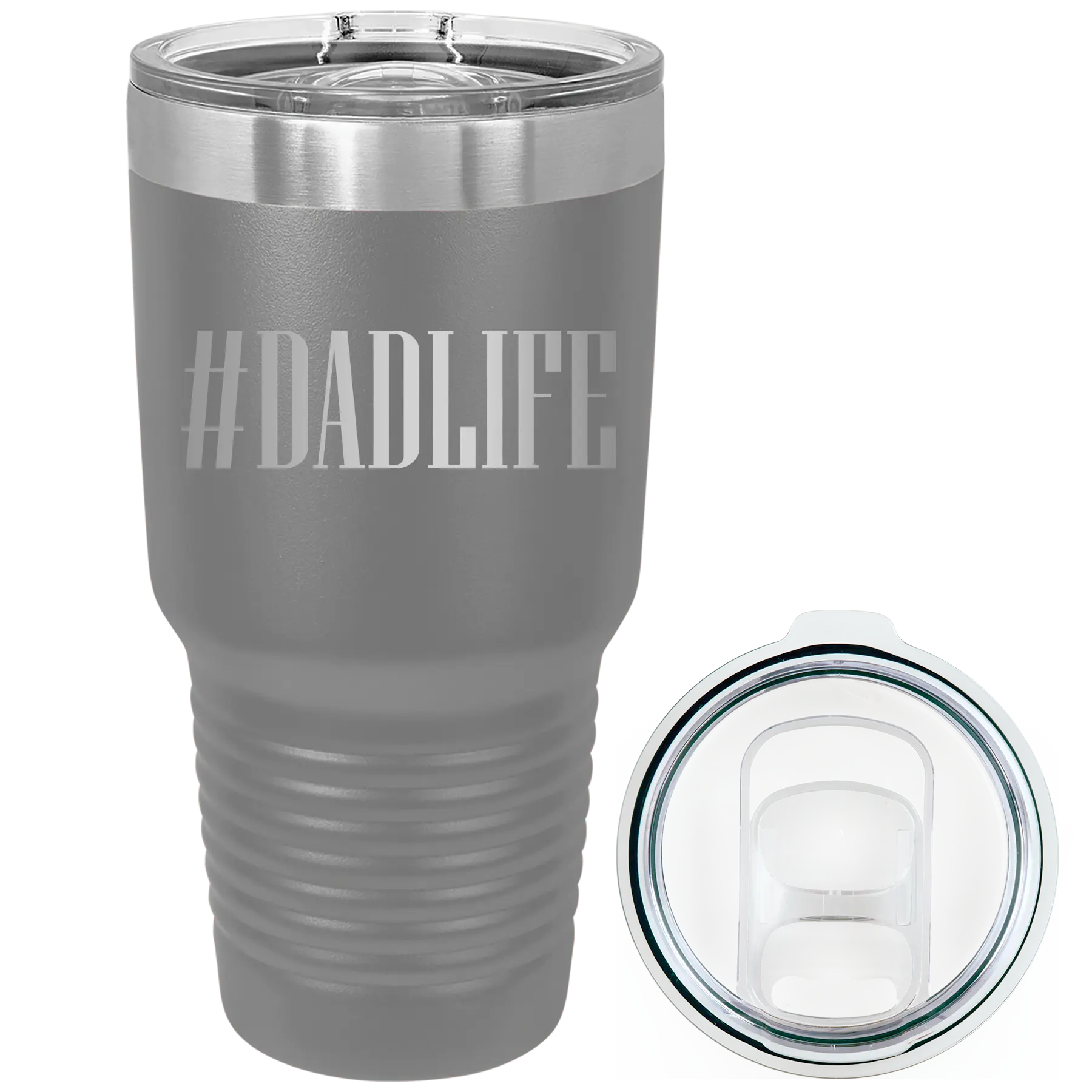 Laser etched dark gray 30 oz vacuum insulated tumbler with 'Dadlife' design