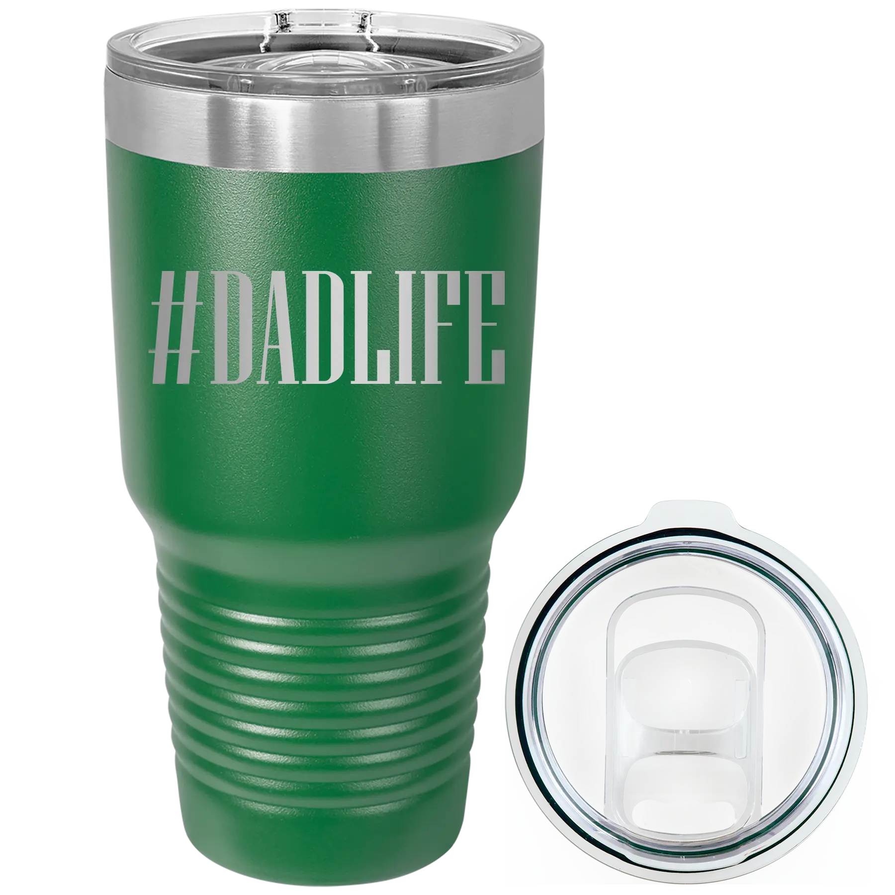Laser etched green 30 oz vacuum insulated tumbler with 'Dadlife' design