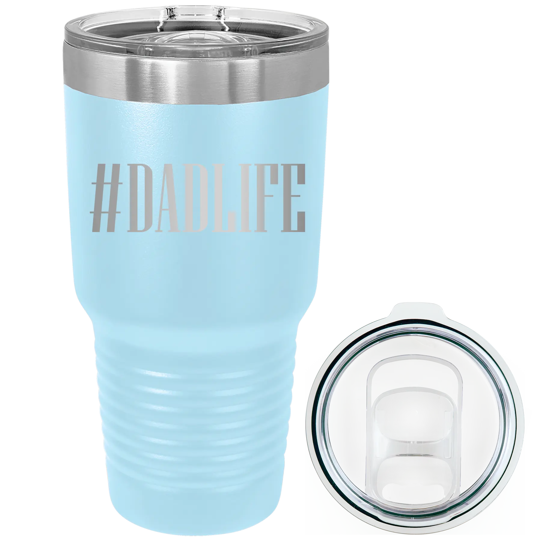 Laser etched light blue 30 oz vacuum insulated tumbler with 'Dadlife' design