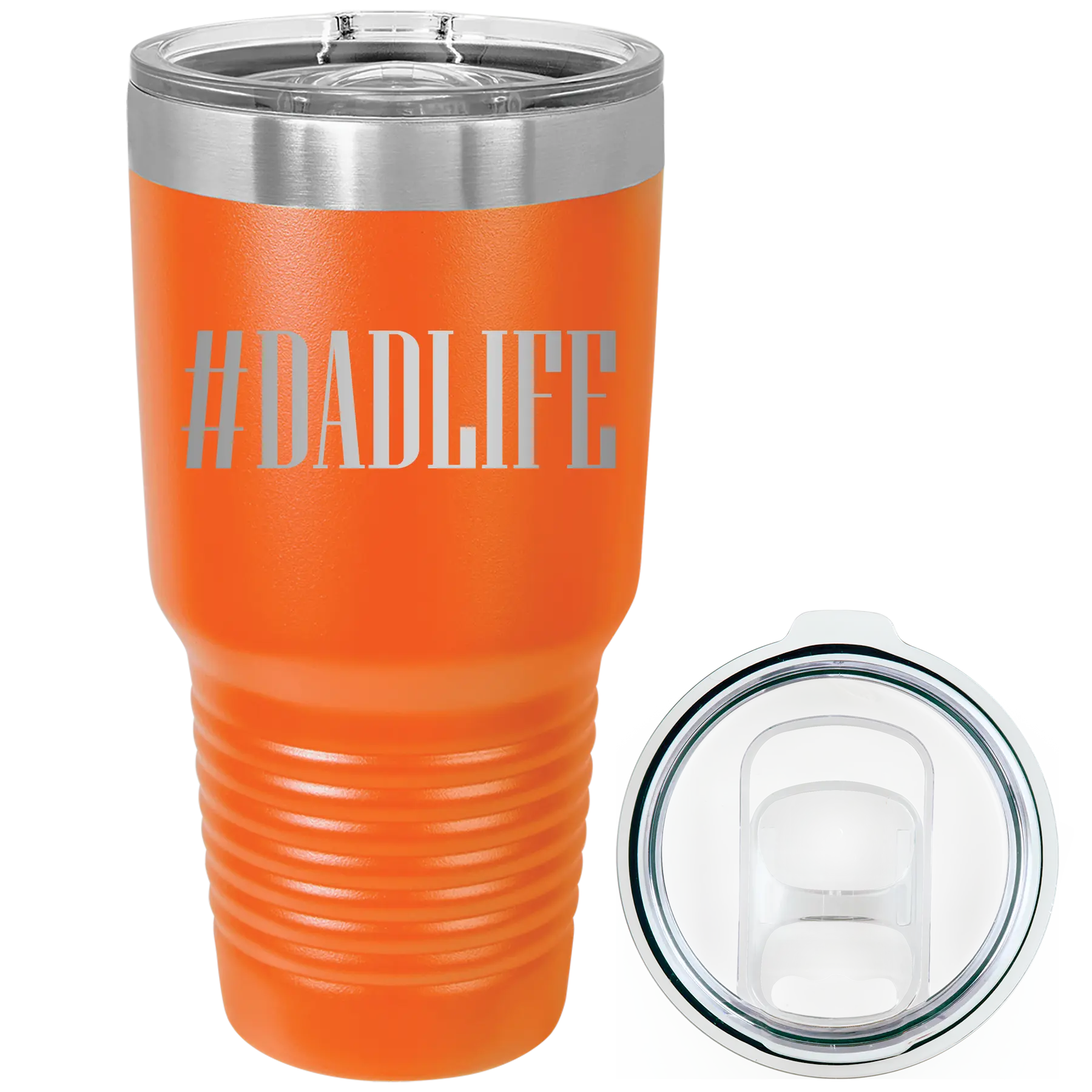 Laser etched orange 30 oz vacuum insulated tumbler with 'Dadlife' design