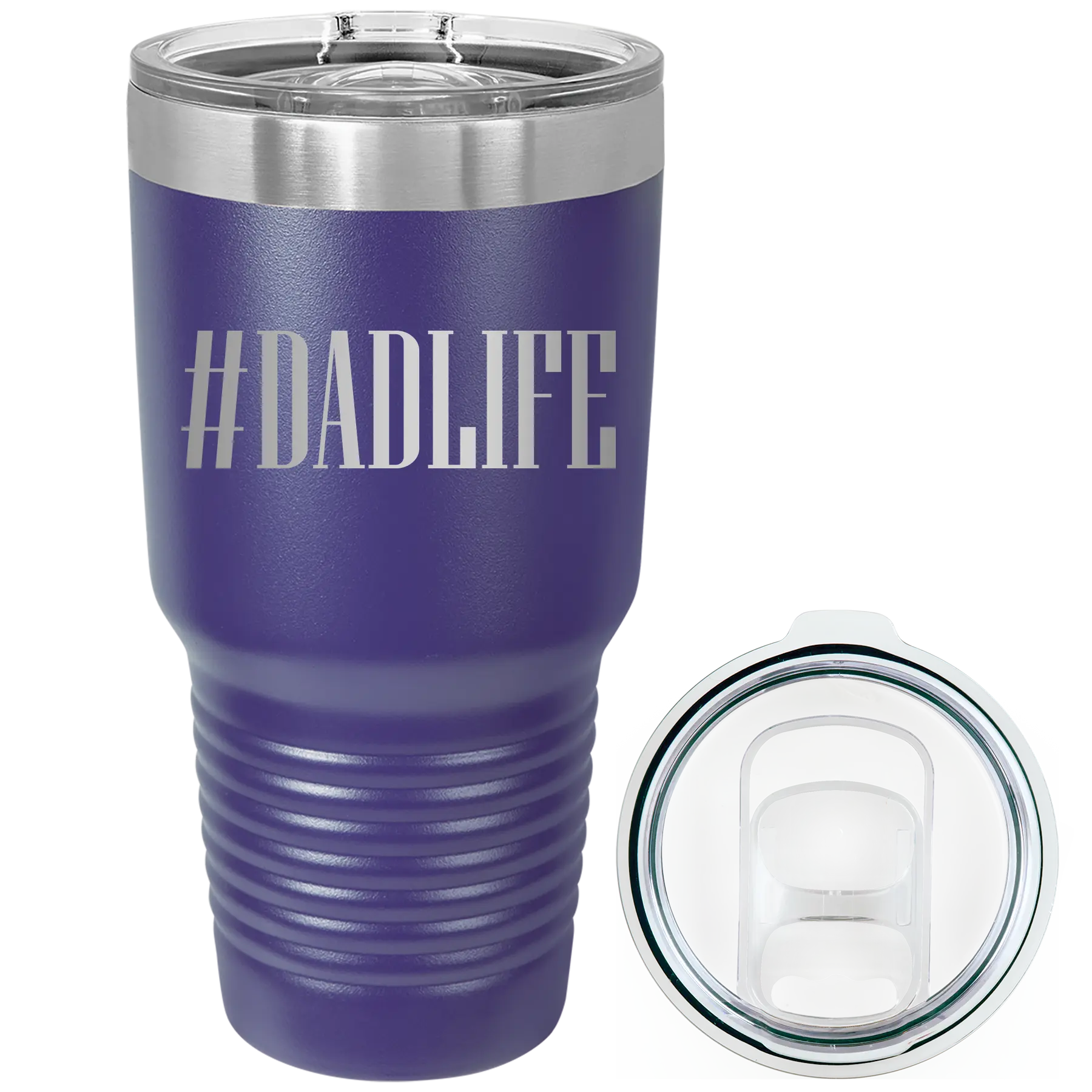 Laser etched purple 30 oz vacuum insulated tumbler with 'Dadlife' design