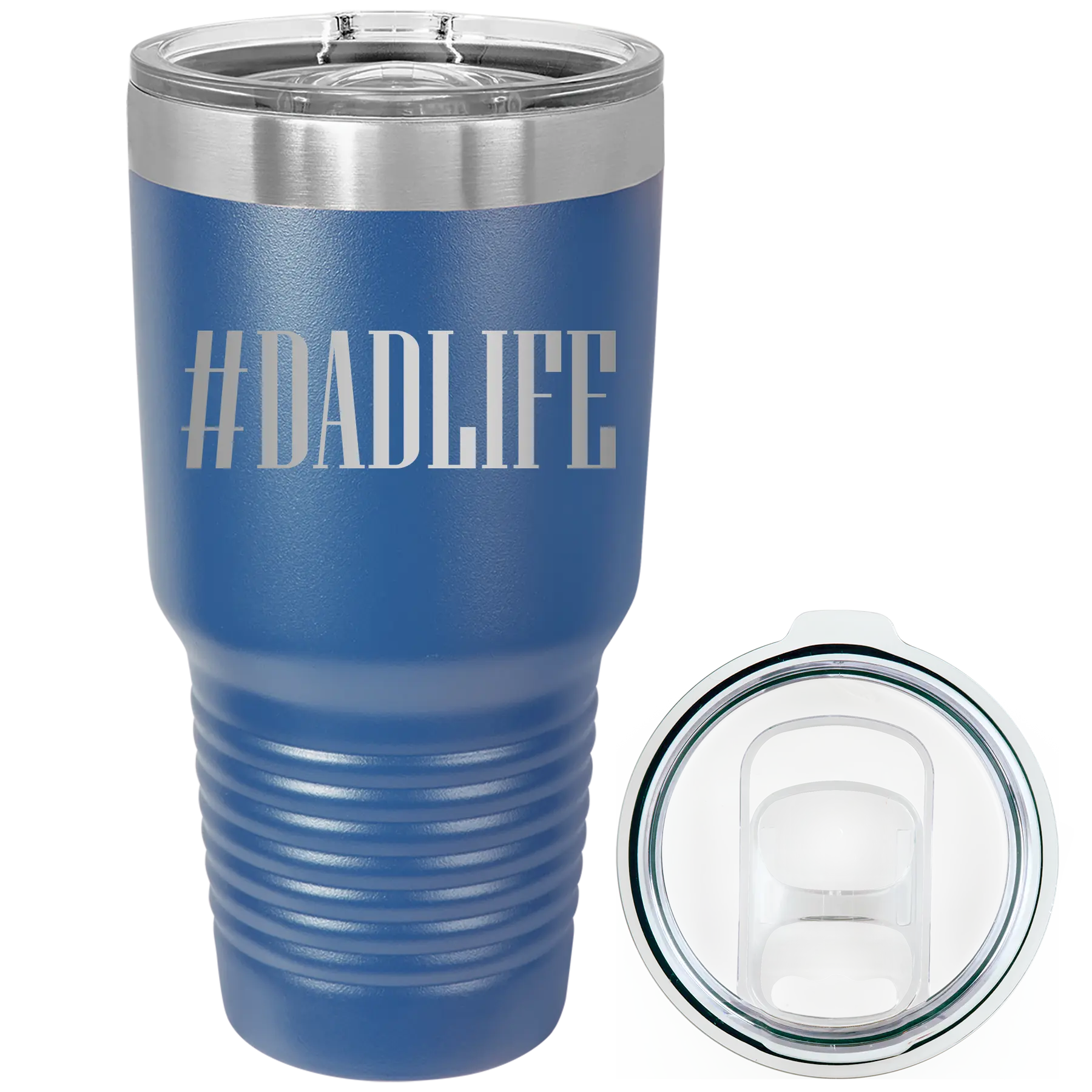 Laser etched royal blue 30 oz vacuum insulated tumbler with 'Dadlife' design