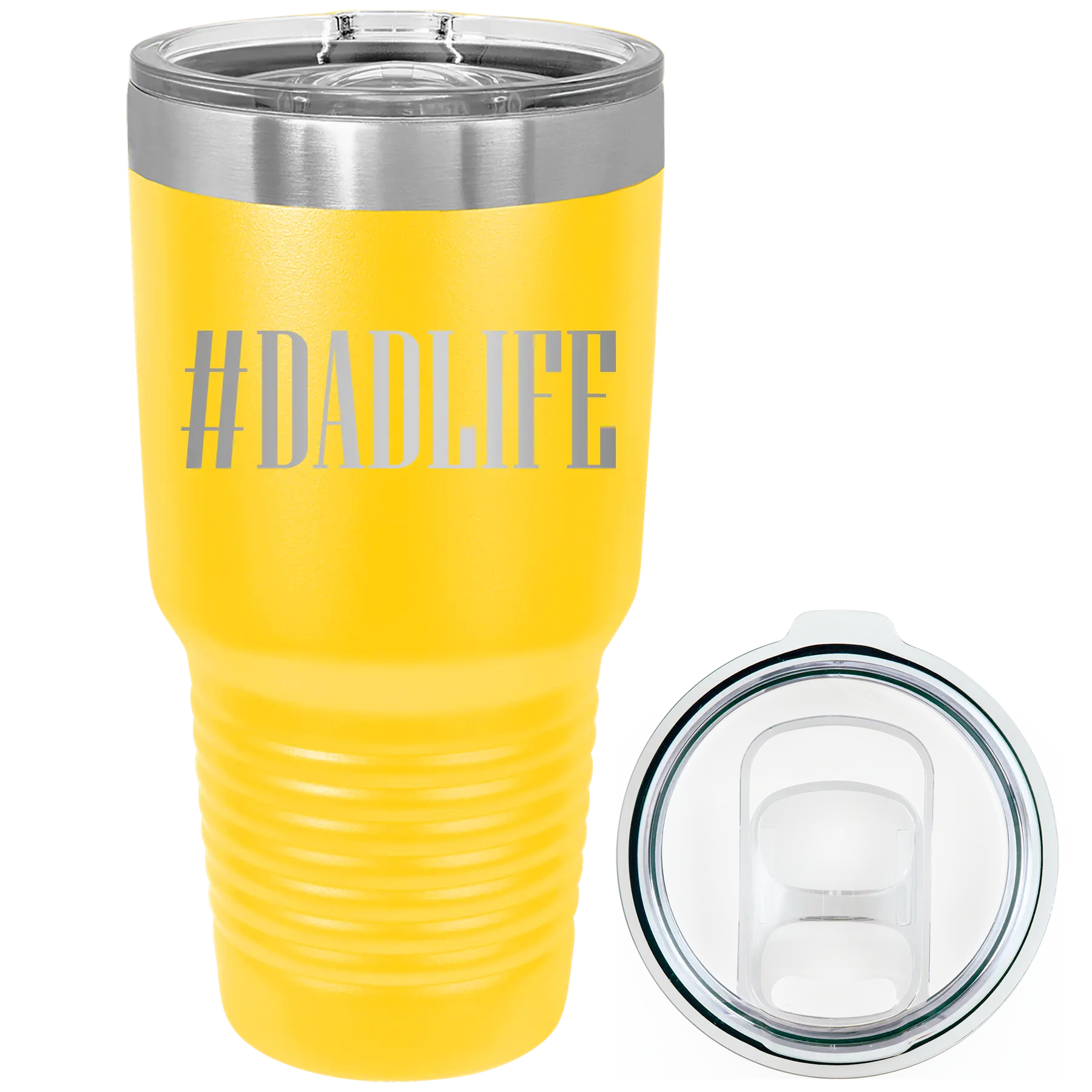 Laser etched yellow 30 oz vacuum insulated tumbler with 'Dadlife' design