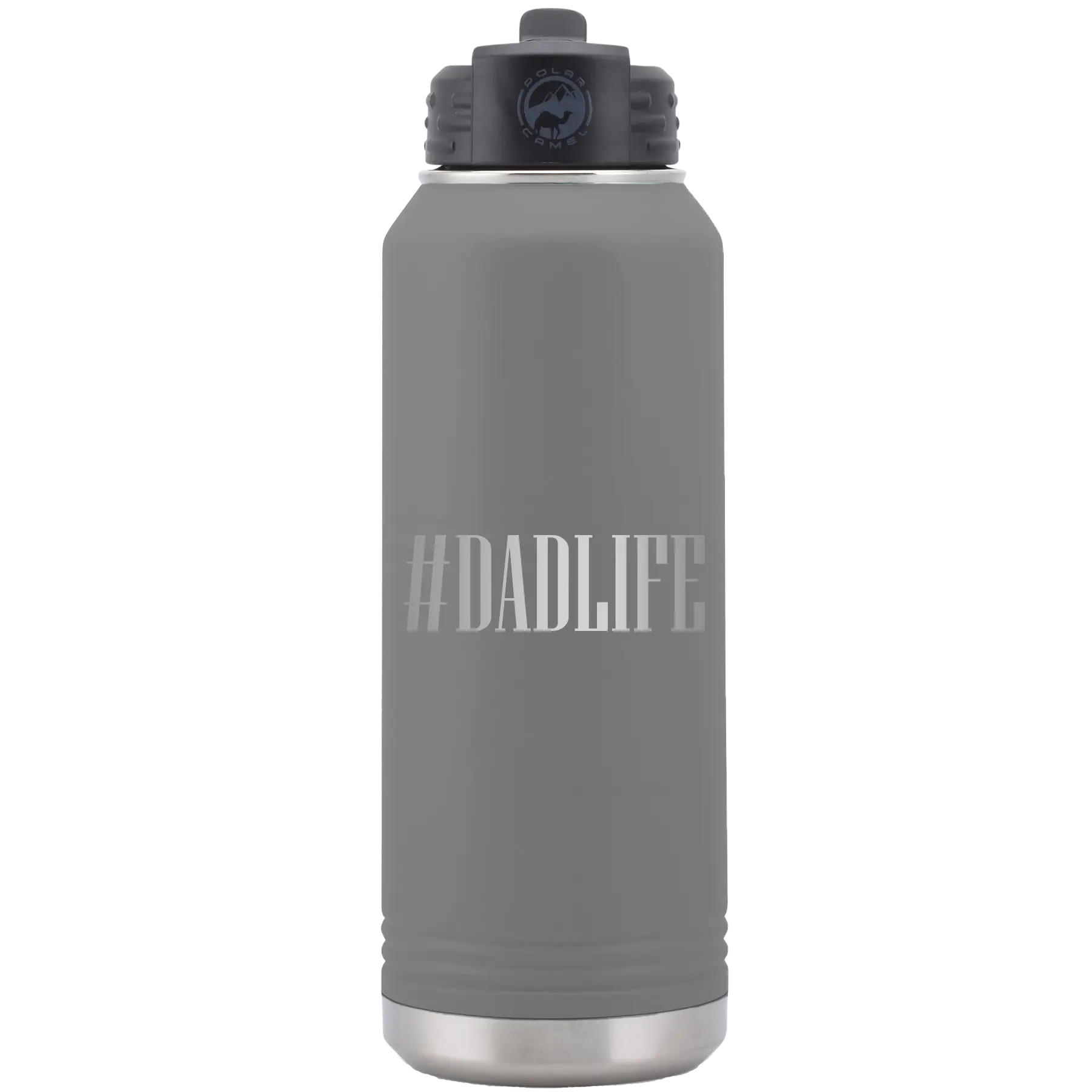 Laser etched dark gray 32 oz vacuum insulated water bottle with 'Dadlife' design